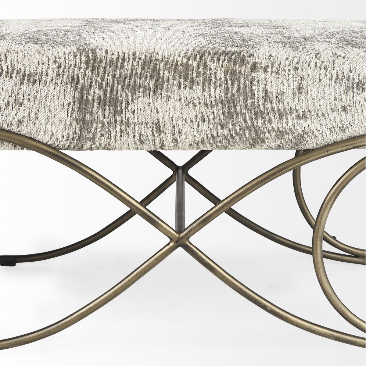 Ayla 55L x 17.6W x 18H Light and Dark Gray Fabric Seat with Antique Gold Metal Frame Bench, Benche by Mercana, 55" length x 17.6" width x 18" height View 9