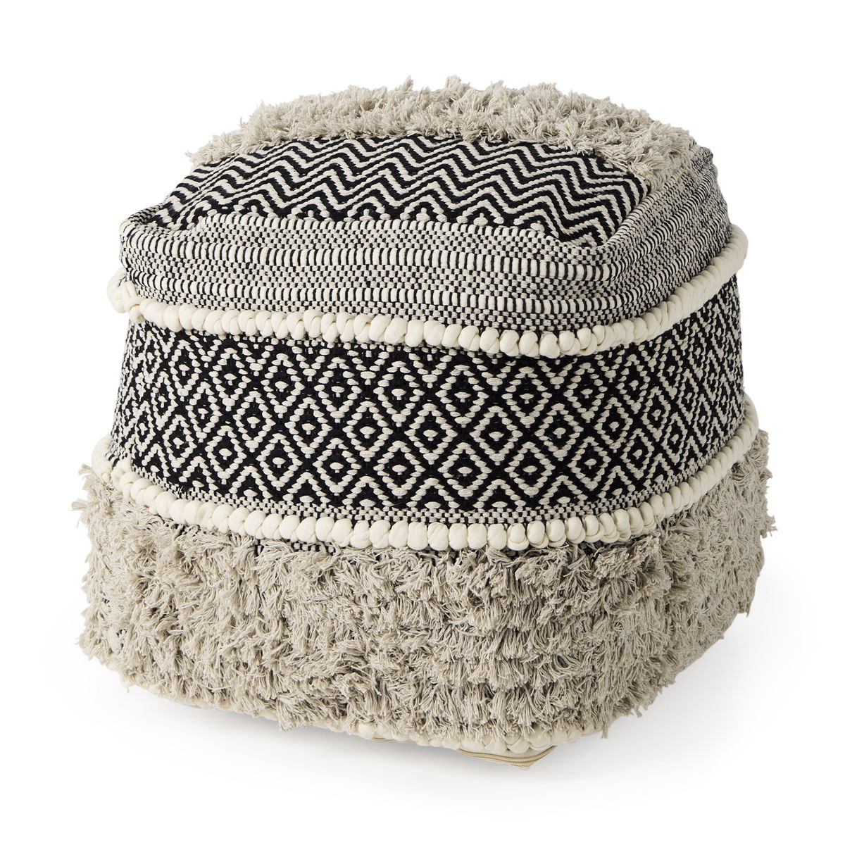 Darika  Black/White/Gray Cotton Pouf, Ottoman by Mercana, 16" length x 16" width x 16" height View 1