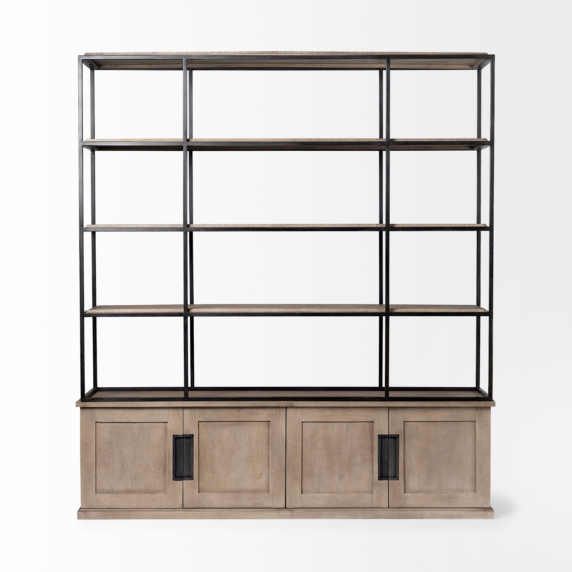 Braxton I Light Brown Wood and Iron Three Shelf Shelving Unit 81.5L x 18.5W x 90, Shelving & Bookcase by Mercana, 81.5" length x 18.5" width x 90" height View 2