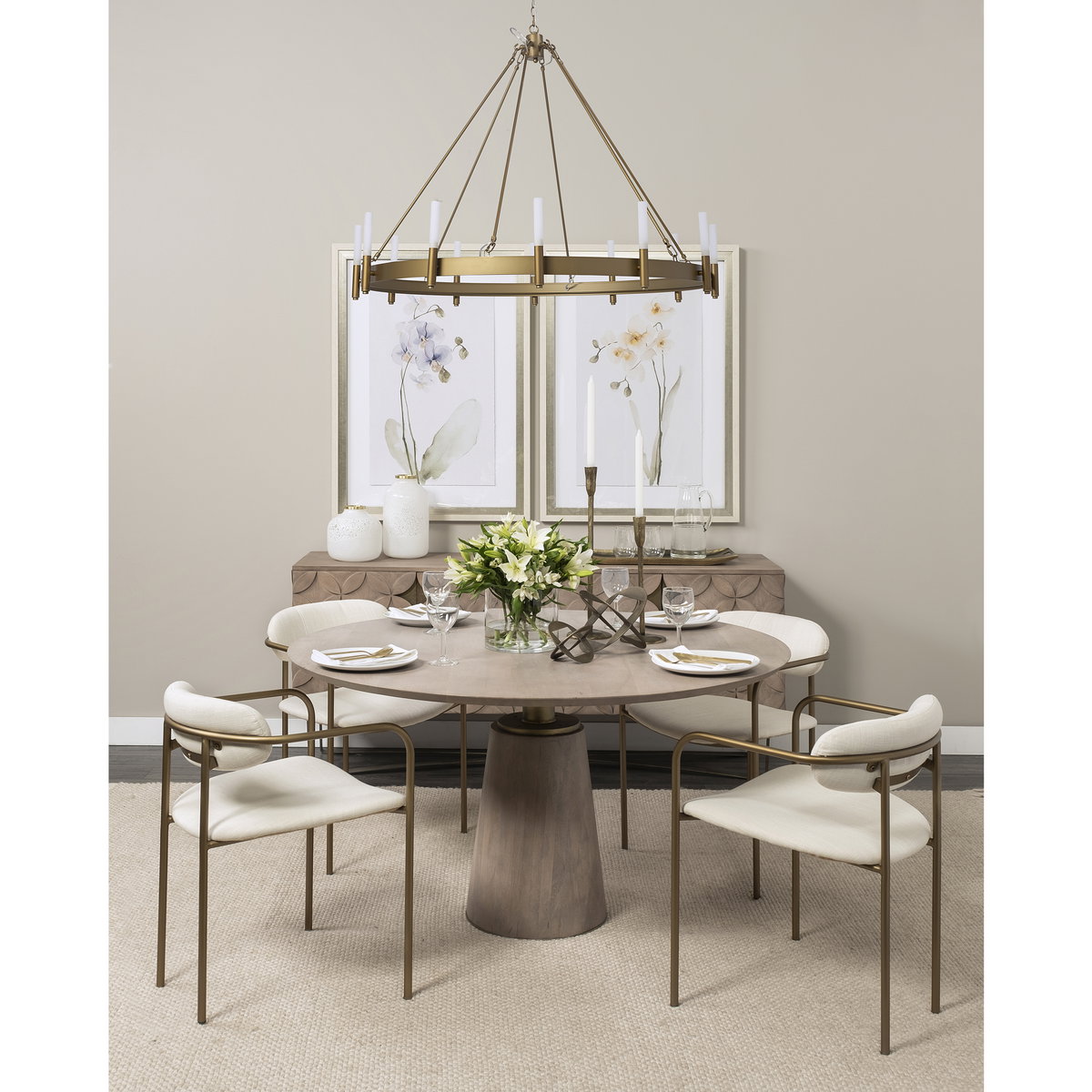 Parker Curved Back Dining Arm Chair | Cream Fabric with Gold Metal, Dining Chair by Mercana, 21.46" length x 21.06" width x 28.74" height View 3
