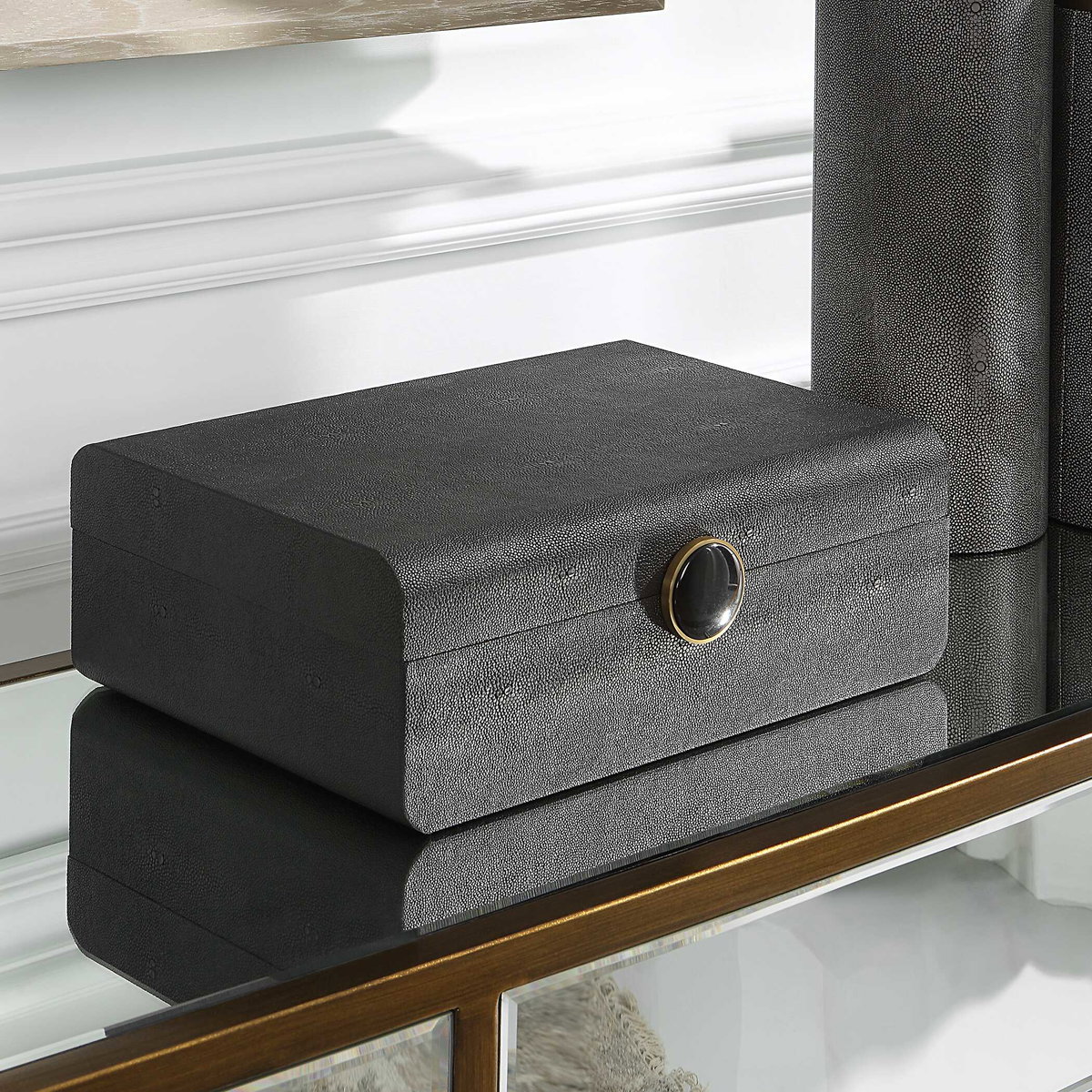 Lalique Black Shagreen Box, Boxe by Uttermost, 12.87" width x 4.5" height x 9" depth View 3