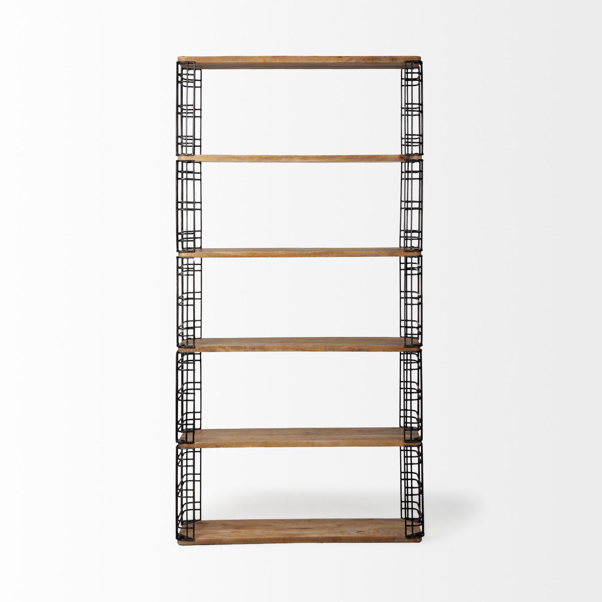 Bradie I 40L x 12W x 79H Brown Wood and Metal Frame Six Shelf Shelving Unit, Shelving & Bookcase by Mercana, 39.5" length x 11.5" width x 79" height View 2