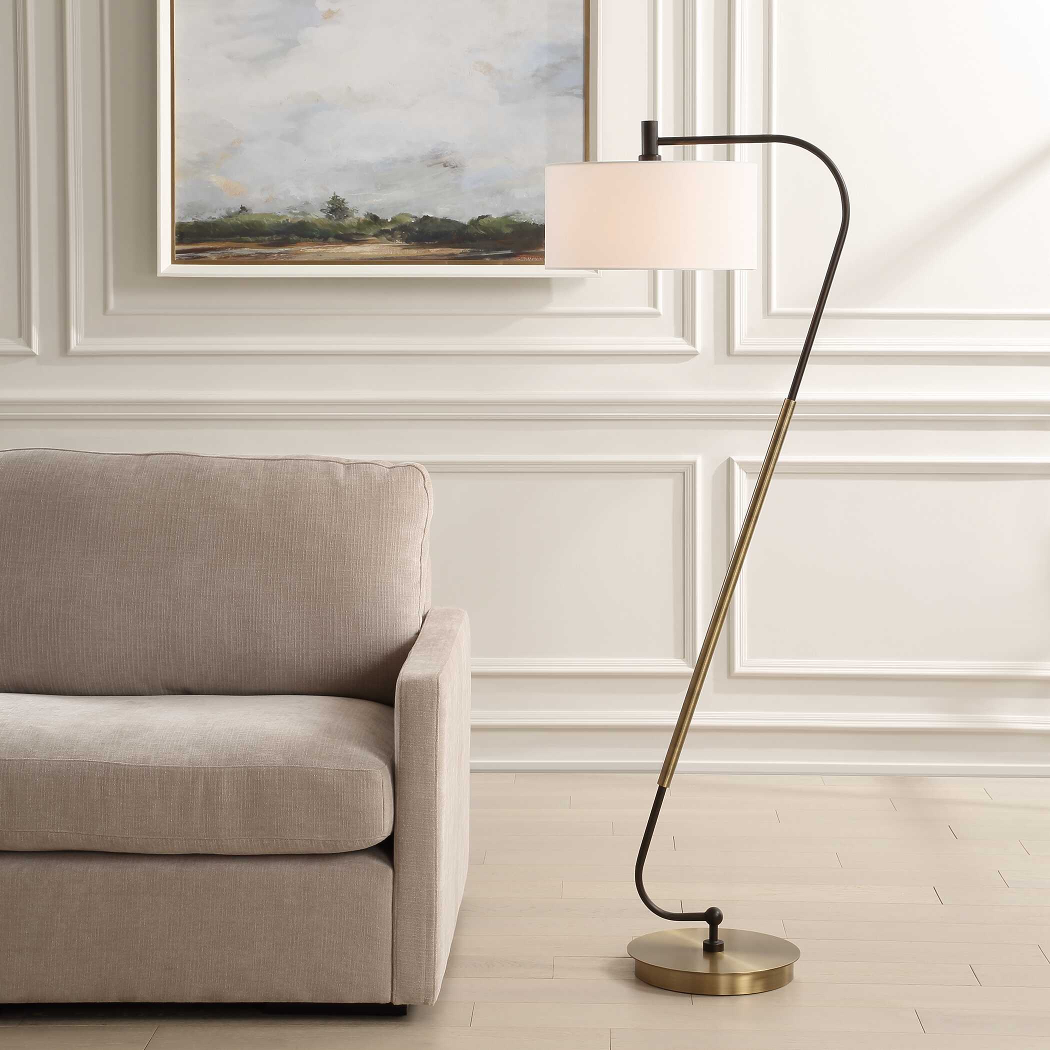 Irwin Curved Brass Floor Lamp, by Uttermost, 23" width x 64.25" height x 16" depth View 2