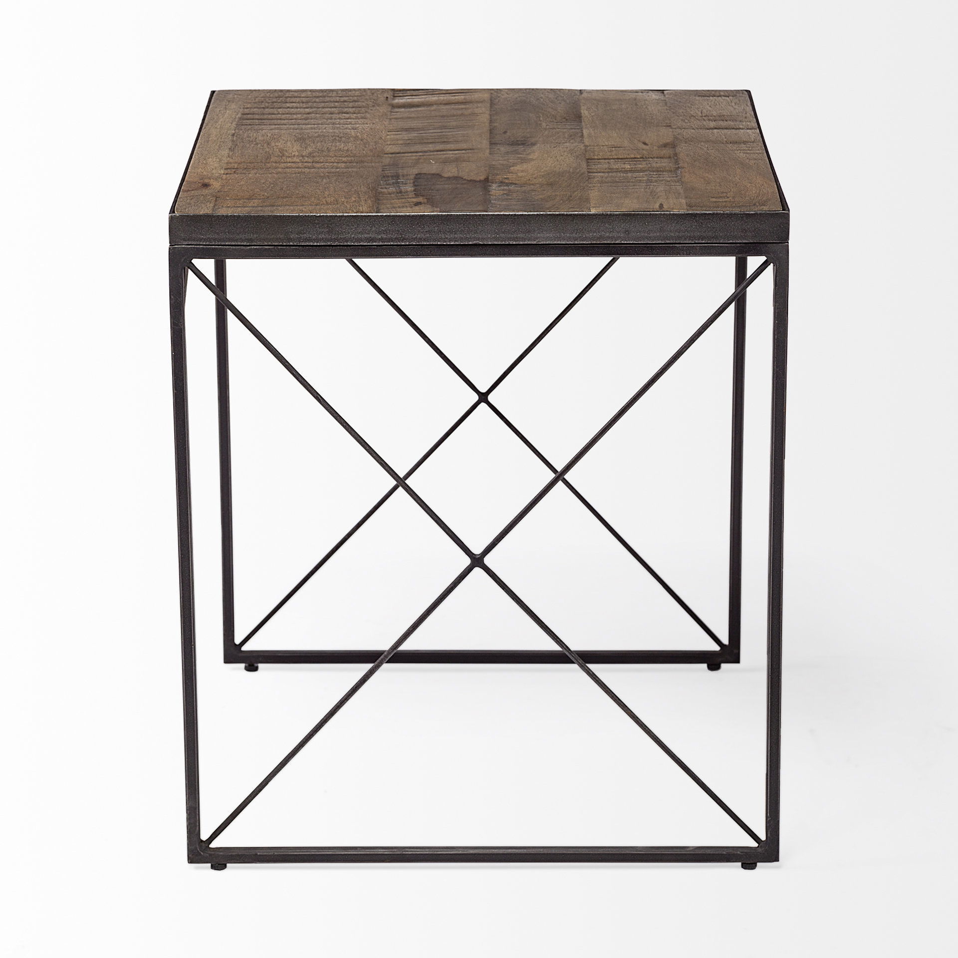 Trestman II 24' x 22.5' Square Top Medium Brown Wood and Iron Cross Braced End/Side Table, Side & End Table by Mercana, 24" length x 24" width x 22.5" height View 5
