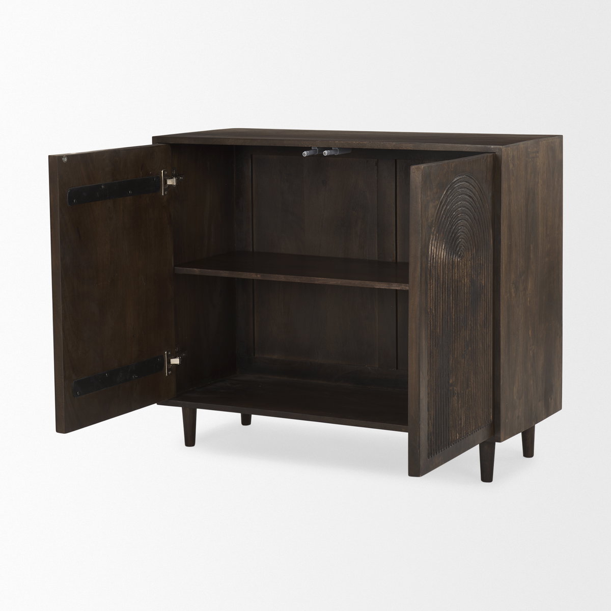 Tucker Dark Brown Wood with Carved Arch Pattern 2 Door Cabinet, Cabinets & Chest by Mercana, 36" length x 15" width x 30" height View 7