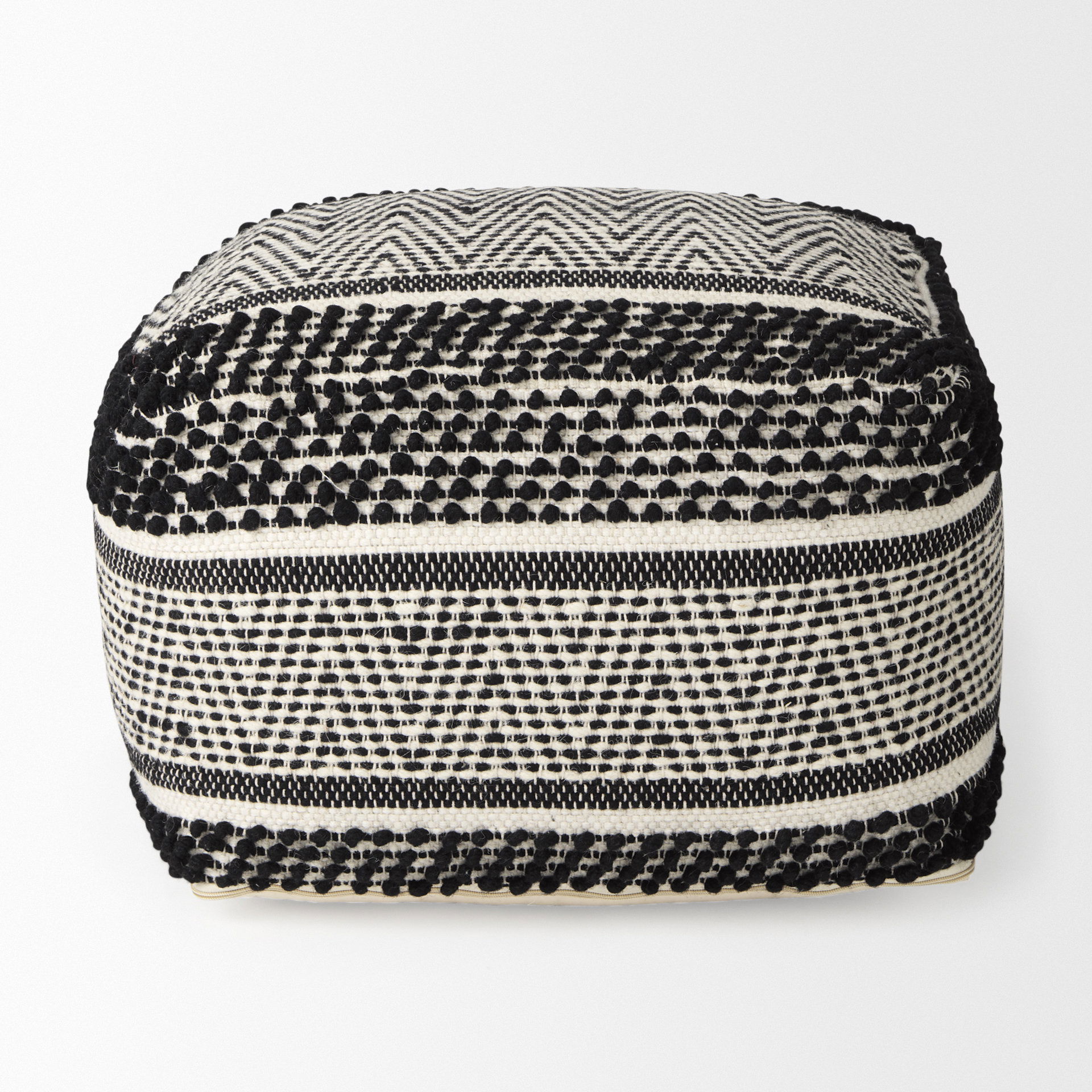 Garima   Black/White Wool and Cotton Patterned Pouf, Ottoman by Mercana, 22" length x 22" width x 14" height View 6