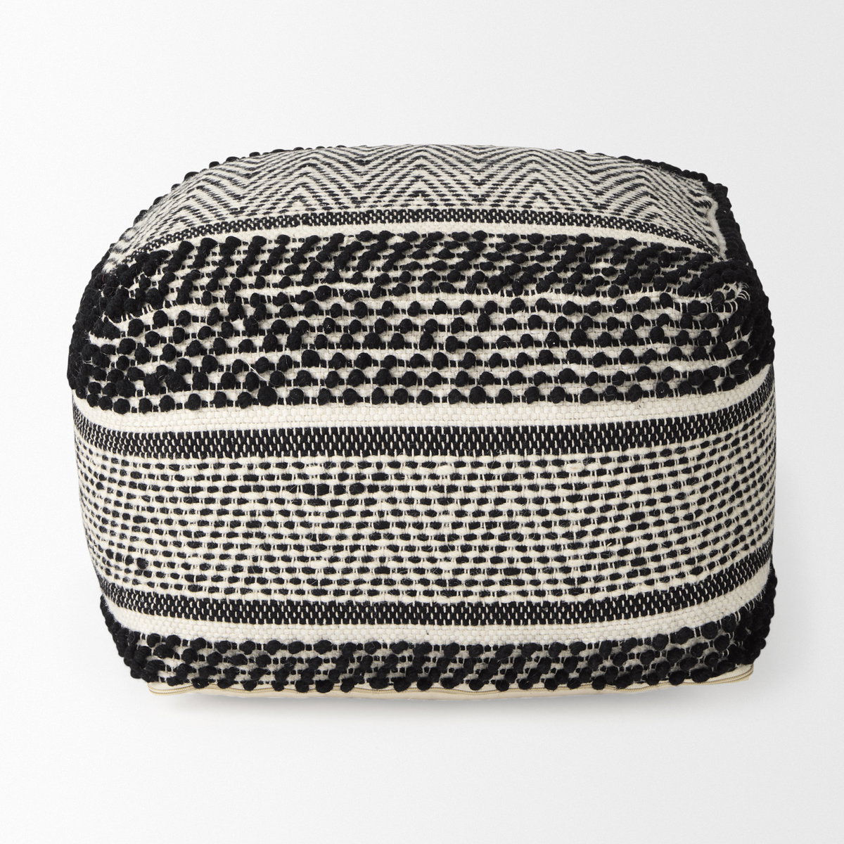Garima   Black/White Wool and Cotton Patterned Pouf, Ottoman by Mercana, 22" length x 22" width x 14" height View 6
