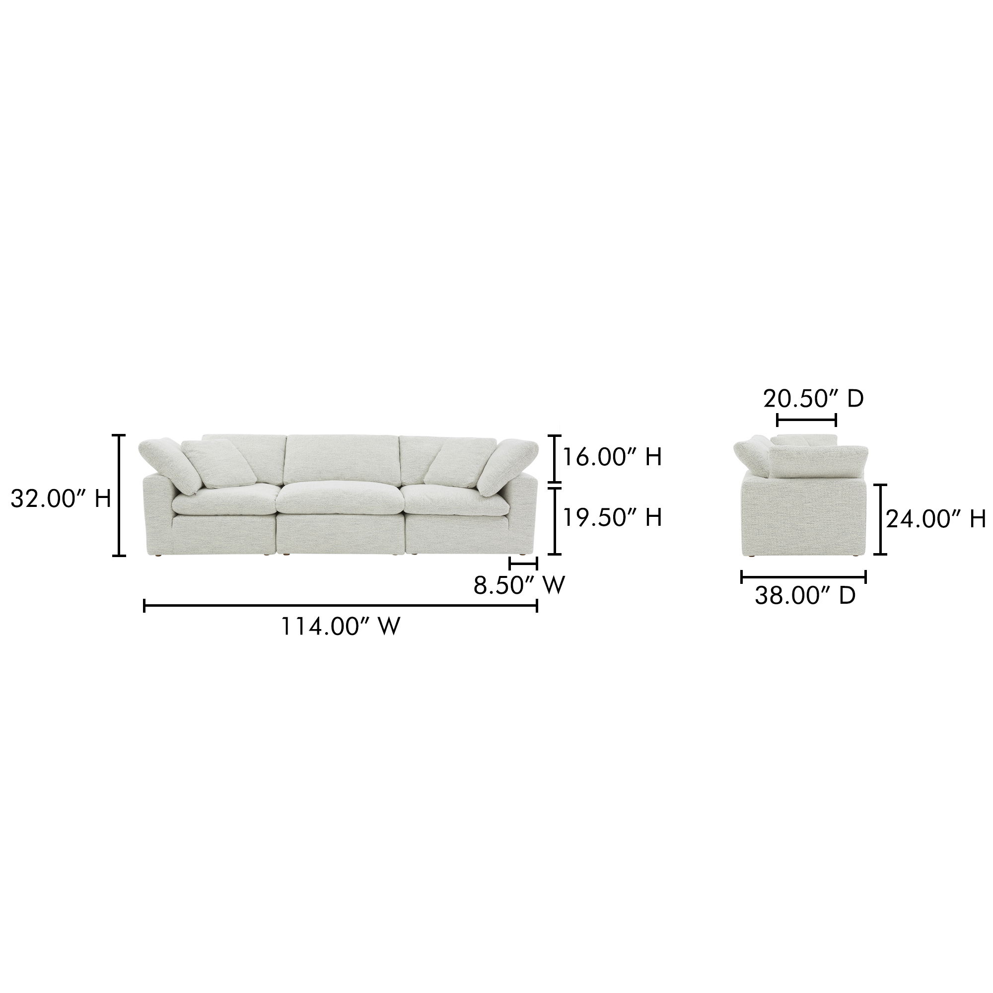 Terra Modular Sofa Coastside Sand, Sectional Sofa by Moe's Home, 114" width x 32" height x 38" depth View 9
