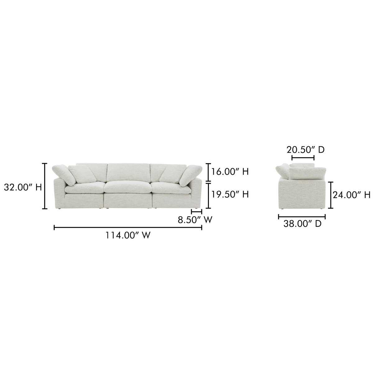 Terra Modular Sofa Coastside Sand, Sectional Sofa by Moe's Home, 114" width x 32" height x 38" depth View 9