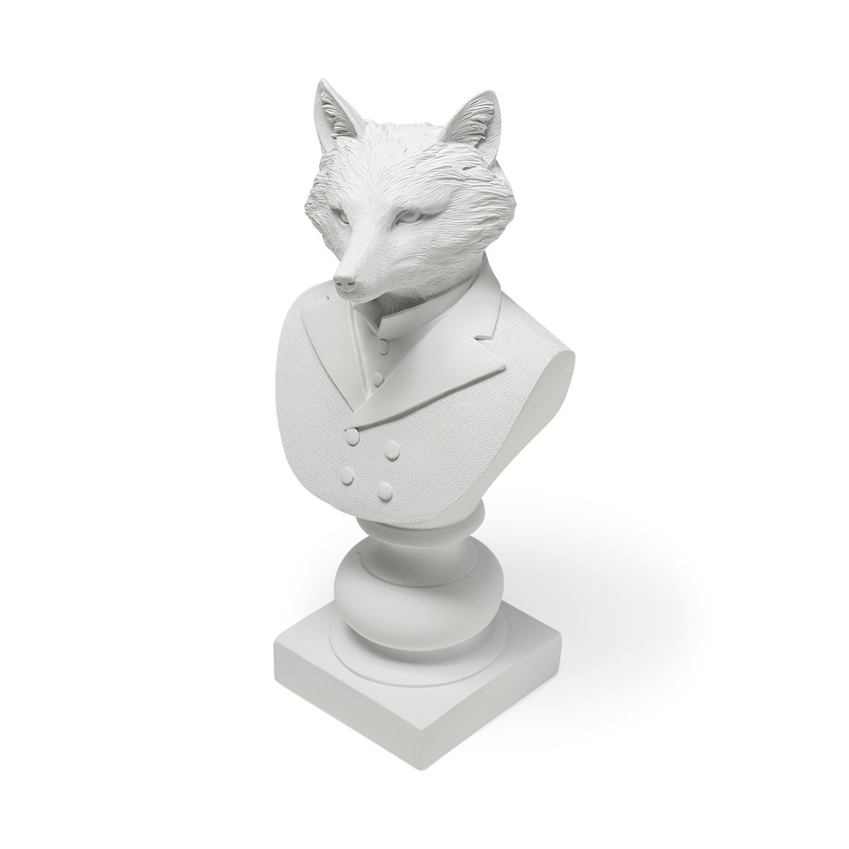 Murray 13H White Painted Resin Fox in a Suit Bust, Decorative Object by Mercana, 6.3" length x 5.51" width x 12.8" height View 1
