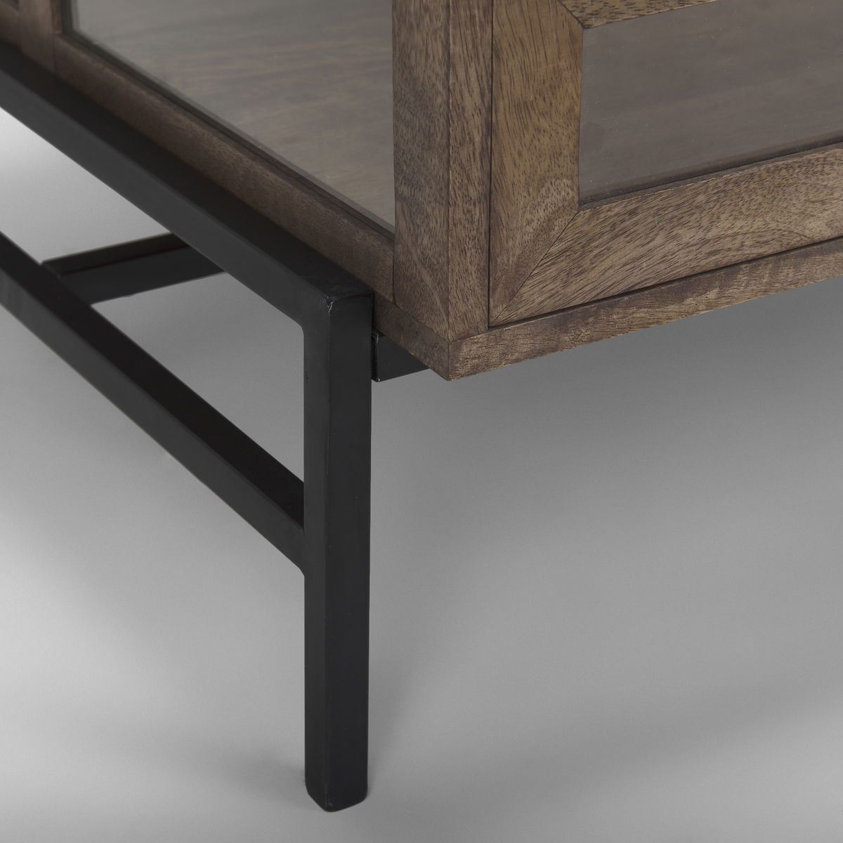Arelius 49.5'L Rectangular Glass-Top Medium Brown Wood with Black Metal Base Display Coffee Table, by Mercana, 49.5" length x 29" width x 15" height View 10