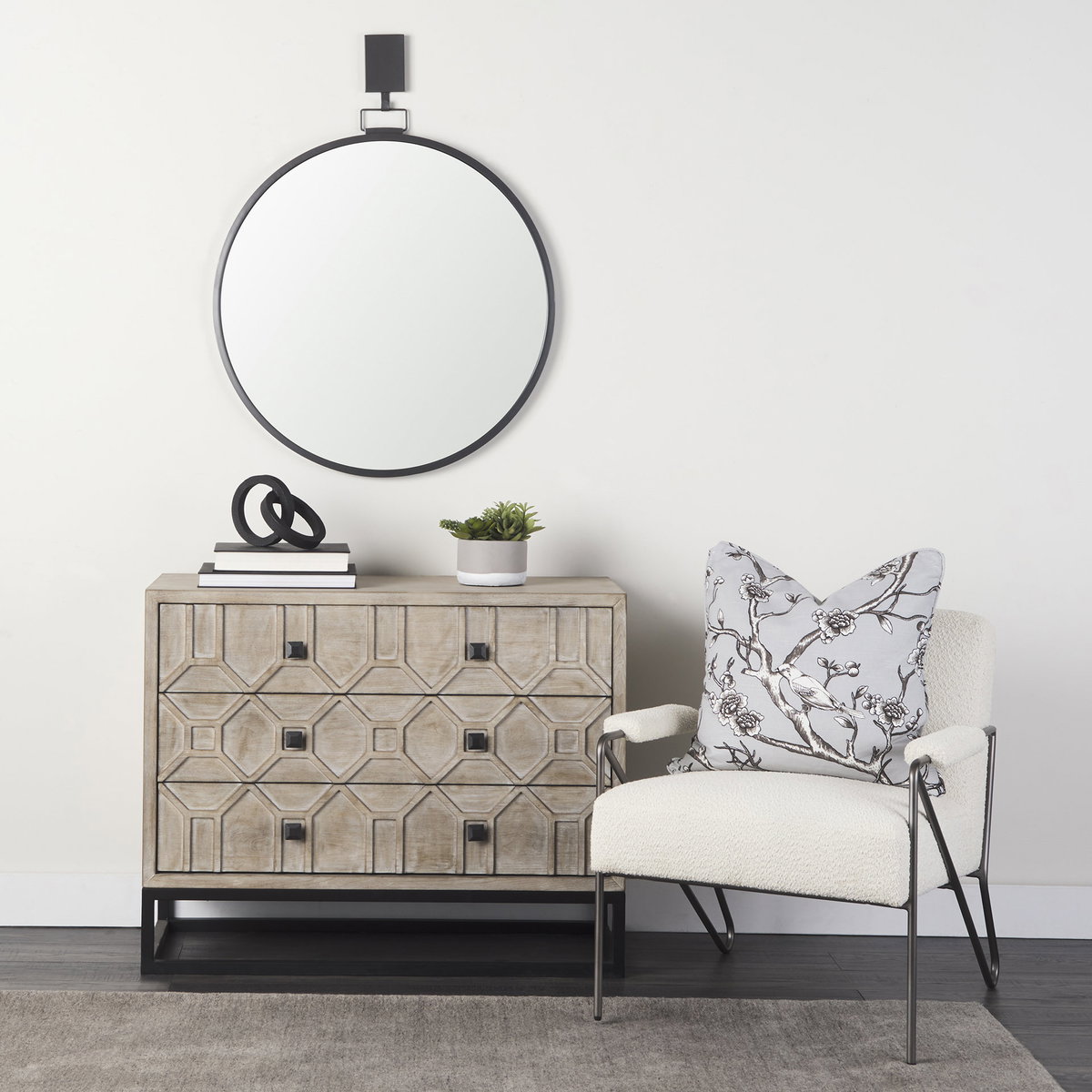 Vicunya Cream Fabric with Gun Metal Gray Metal Frame Accent Chair, by Mercana, 27.17" length x 30.71" width x 30.71" height View 3