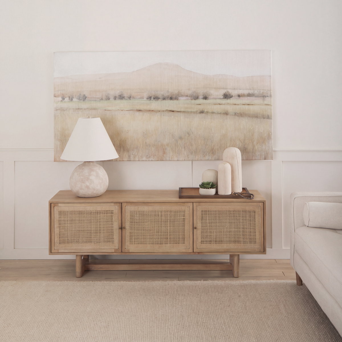 Grier 65' Light Brown Wood with Cane Media Console, by Mercana, 65" length x 18.75" width x 23" height View 2