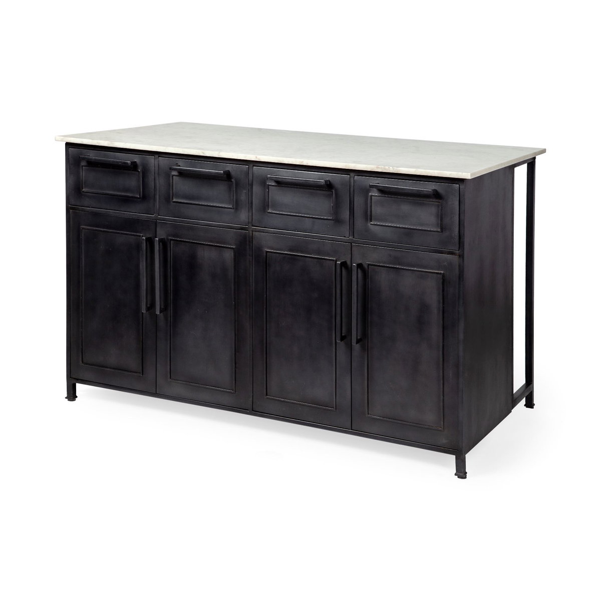 Fieri Solid Iron Black Body White Marble Top Four Drawer Kitchen Island, by Mercana, 58" length x 32" width x 36.5" height View 1