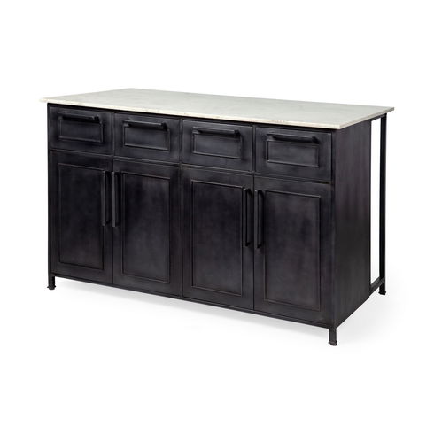 Fieri Solid Iron Black Body White Marble Top Four Drawer Kitchen Island