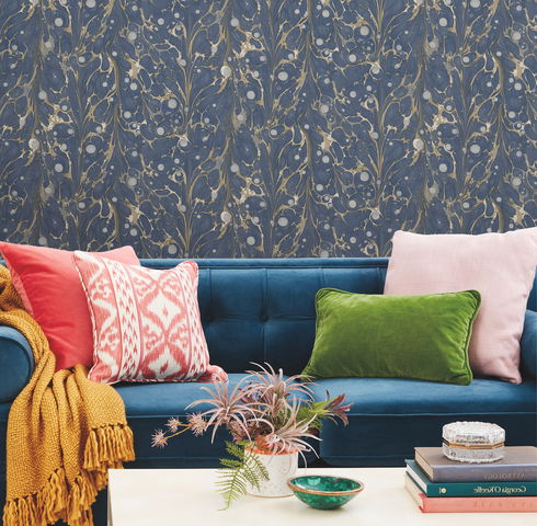 Marbled Endpaper Navy Peel & Stick Wallpaper