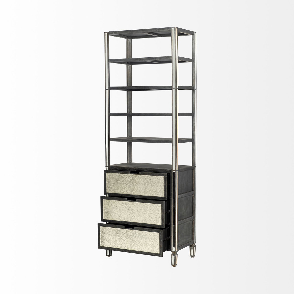 Sunnyvale 32L x 18W x 90H Dark Brown Solid Wood and Mirrored Glass Four Shelf Shelving Unit, Shelving & Bookcase by Mercana, 32" length x 18" width x 90" height View 6