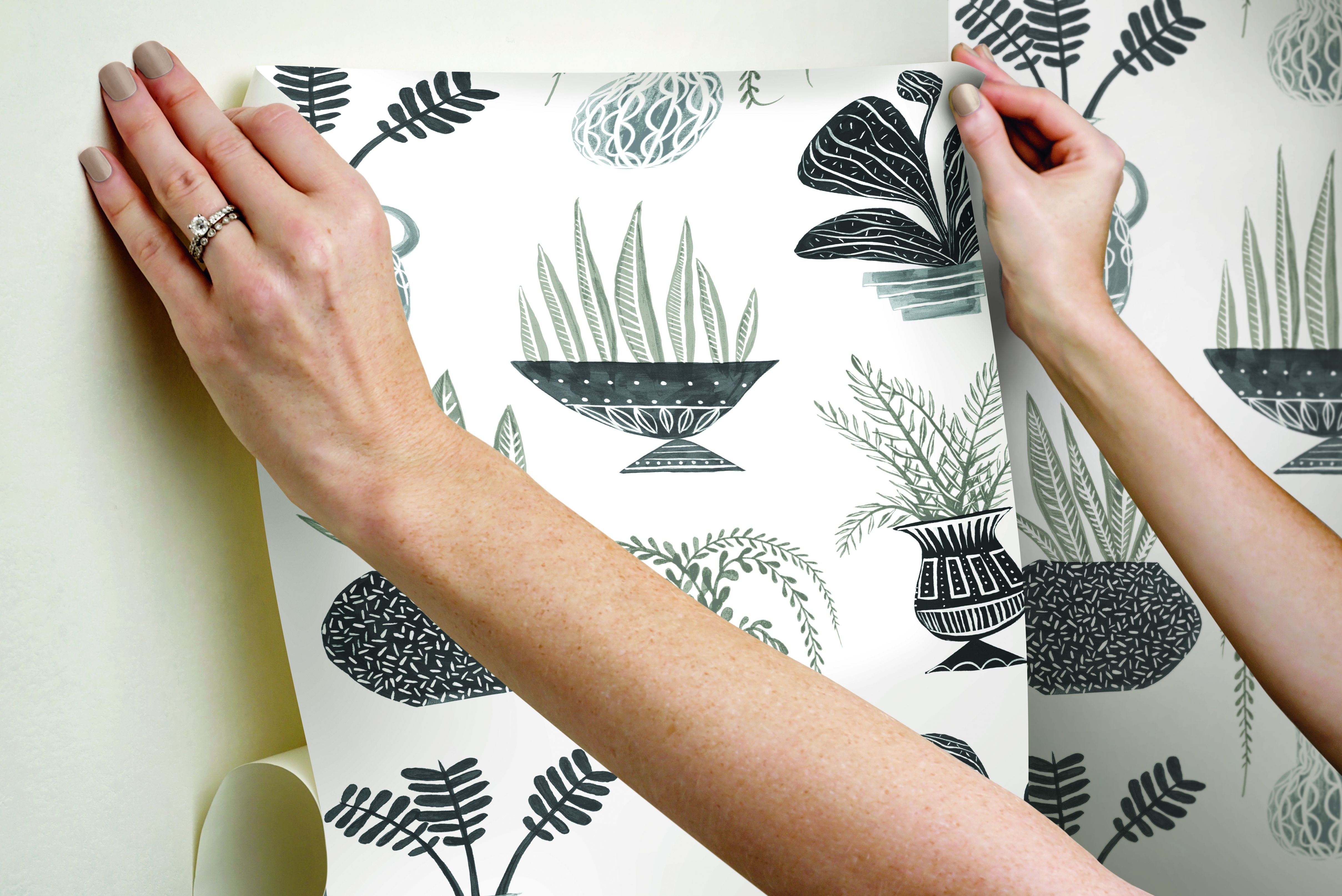 Plant Party Black Peel & Stick Wallpaper, by York Wall, 20' length x 1'8.5" width x 0.02" depth View 6