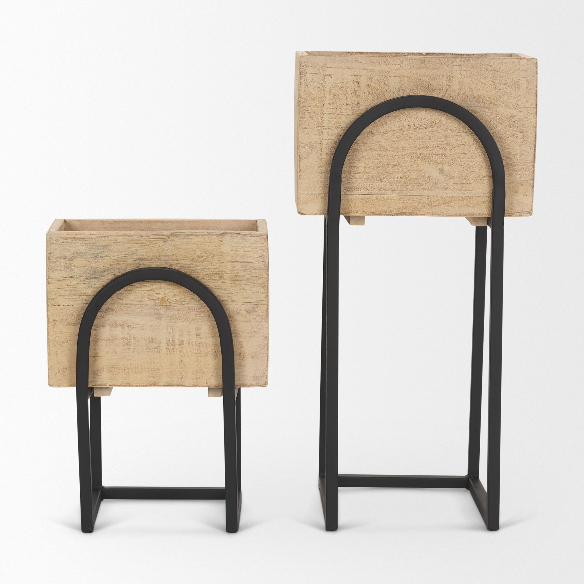 Jadine Set of 2  Beige Wood with Black Metal Arch Frames, Planter by Mercana, 15" length x 12" width x 29.5" height View 3