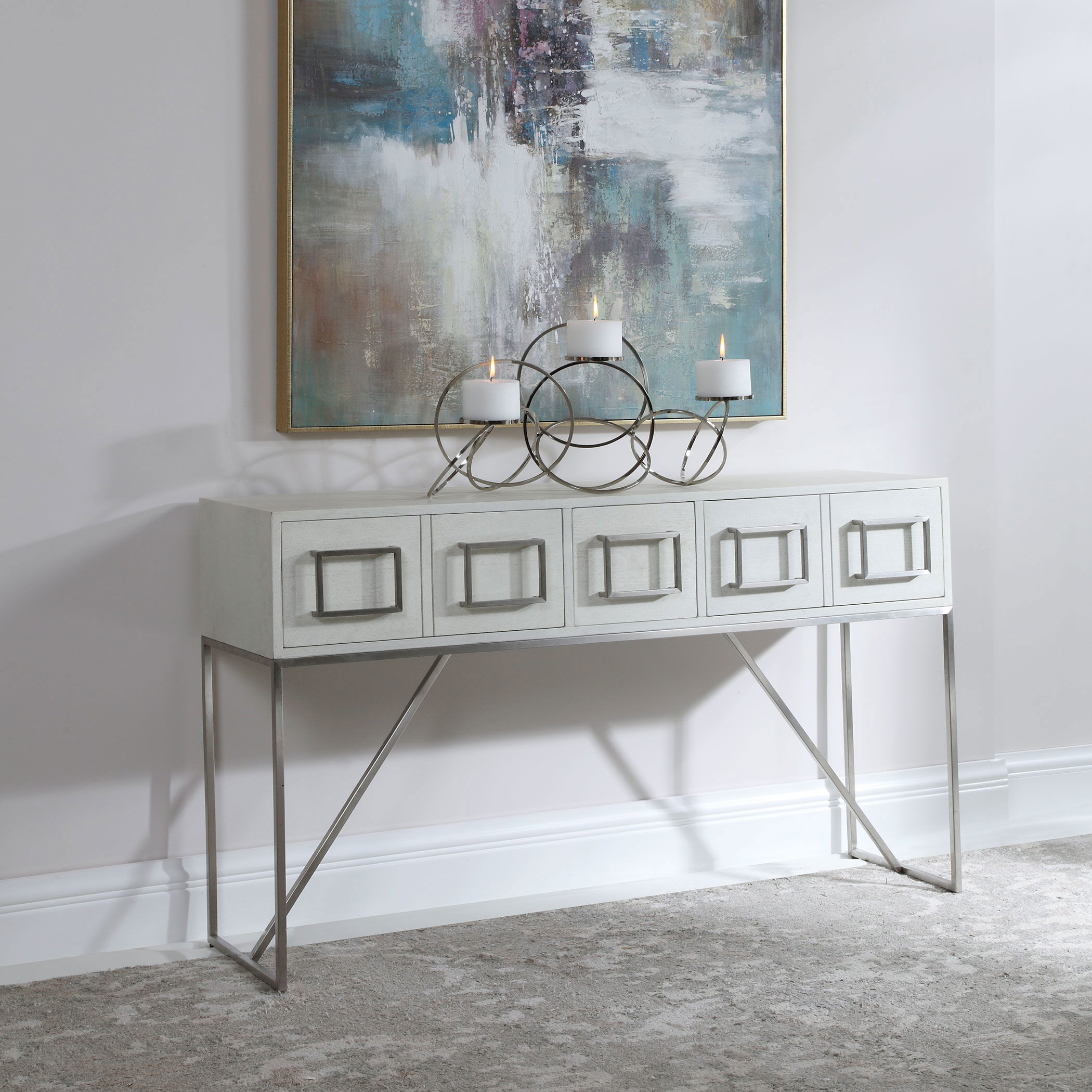 Abaya White Console Table, Furniture by Uttermost, 54" width x 32" height x 14" depth View 2