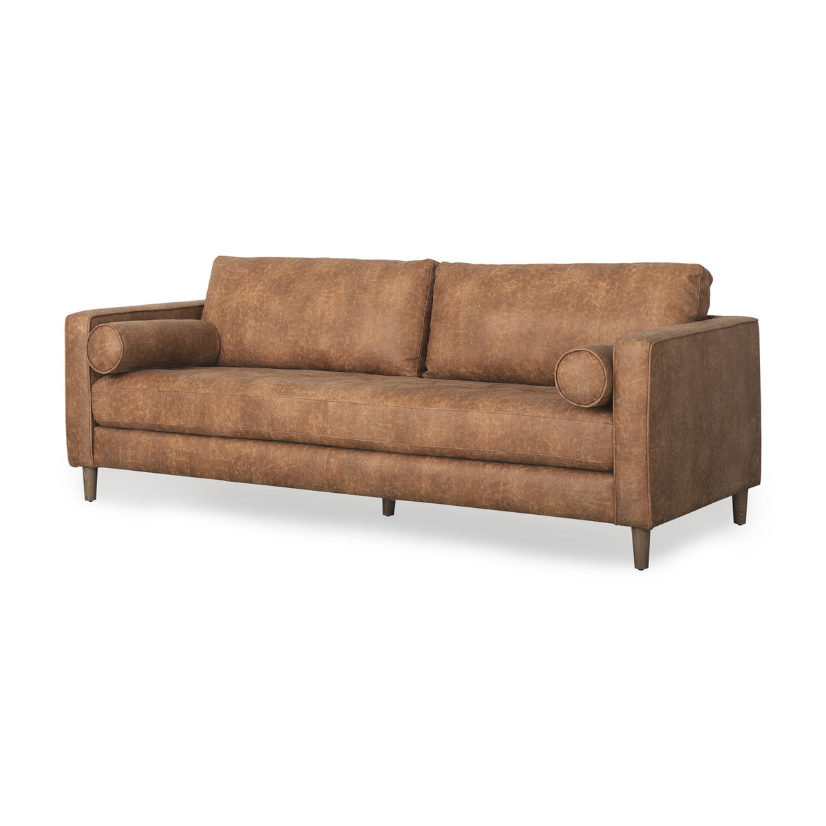 Loretta  Cognac Brown Faux Leather Three Seater Sofa with Two Bolster Cushions, Sofas & Sectional by Mercana, 87.99" length x 36.22" width x 33.86" height View 1