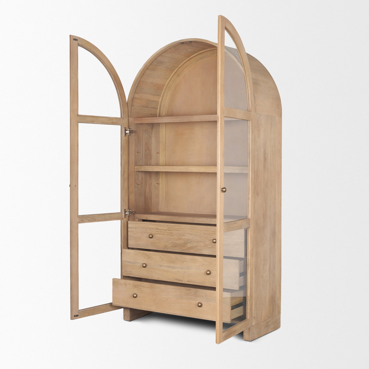 Suri Light Brown Wood with Glass Doors Arched Curio Cabinet, Cabinets & Sideboard by Mercana, 42" length x 18" width x 80" height View 9