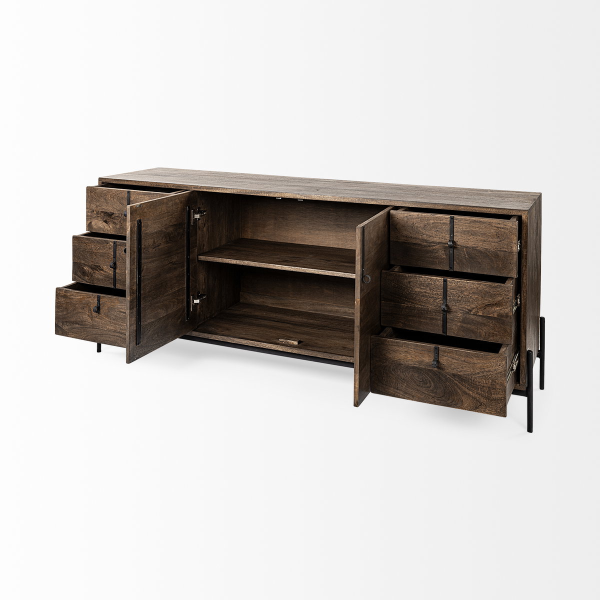 Glenn VI 71.5x18 Dark Brown Wood Frame with Black Iron Accent, 6 Drawer, 2 Door Cabinet Sideboard, Sideboards & Buffet by Mercana, 71.5" length x 18" width x 30" height View 8