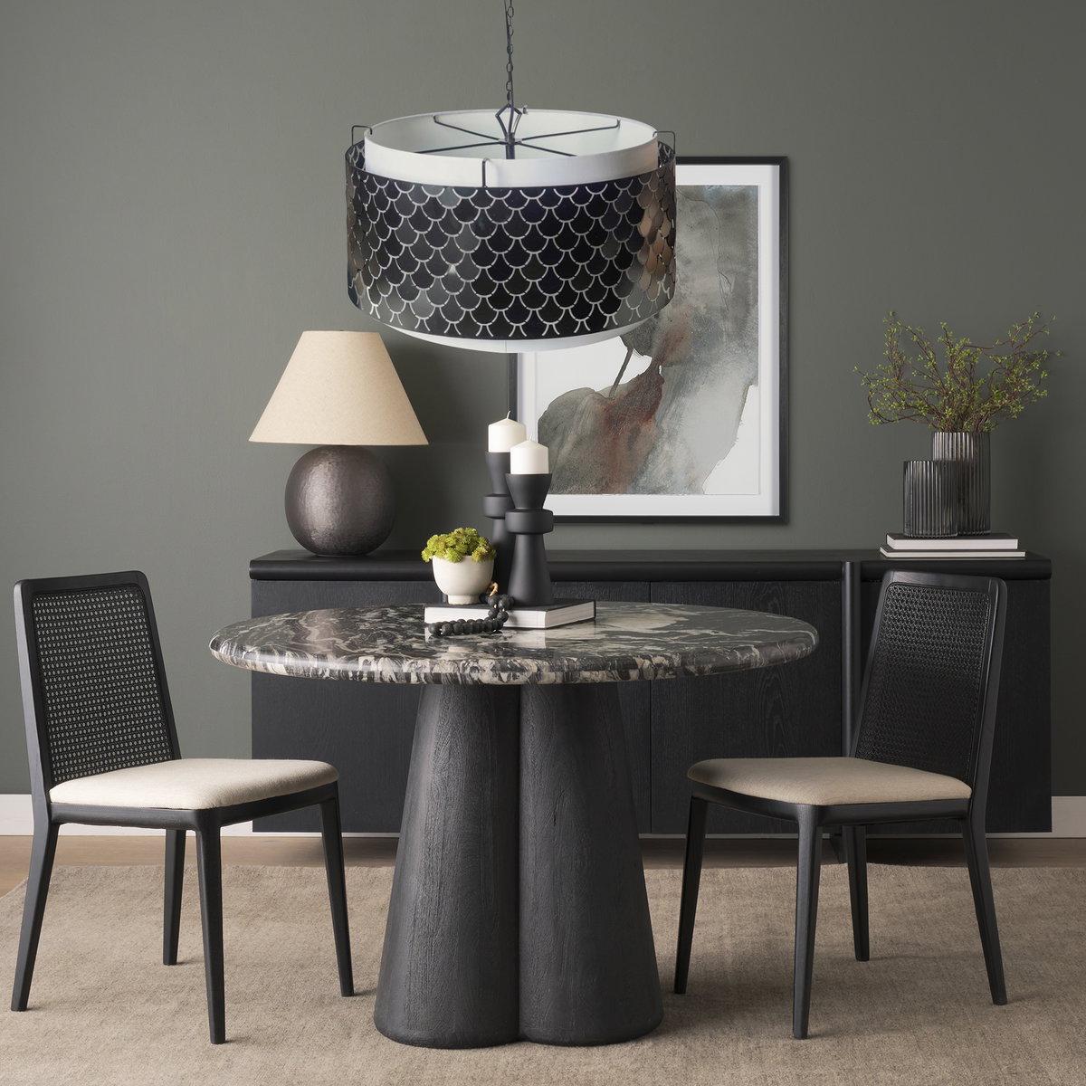 Brasseur I (26'x15') Charcoal Black Metal Fish Scale Three Bulb Chandelier, by Mercana, 26" length x 26" width x 15" height View 2