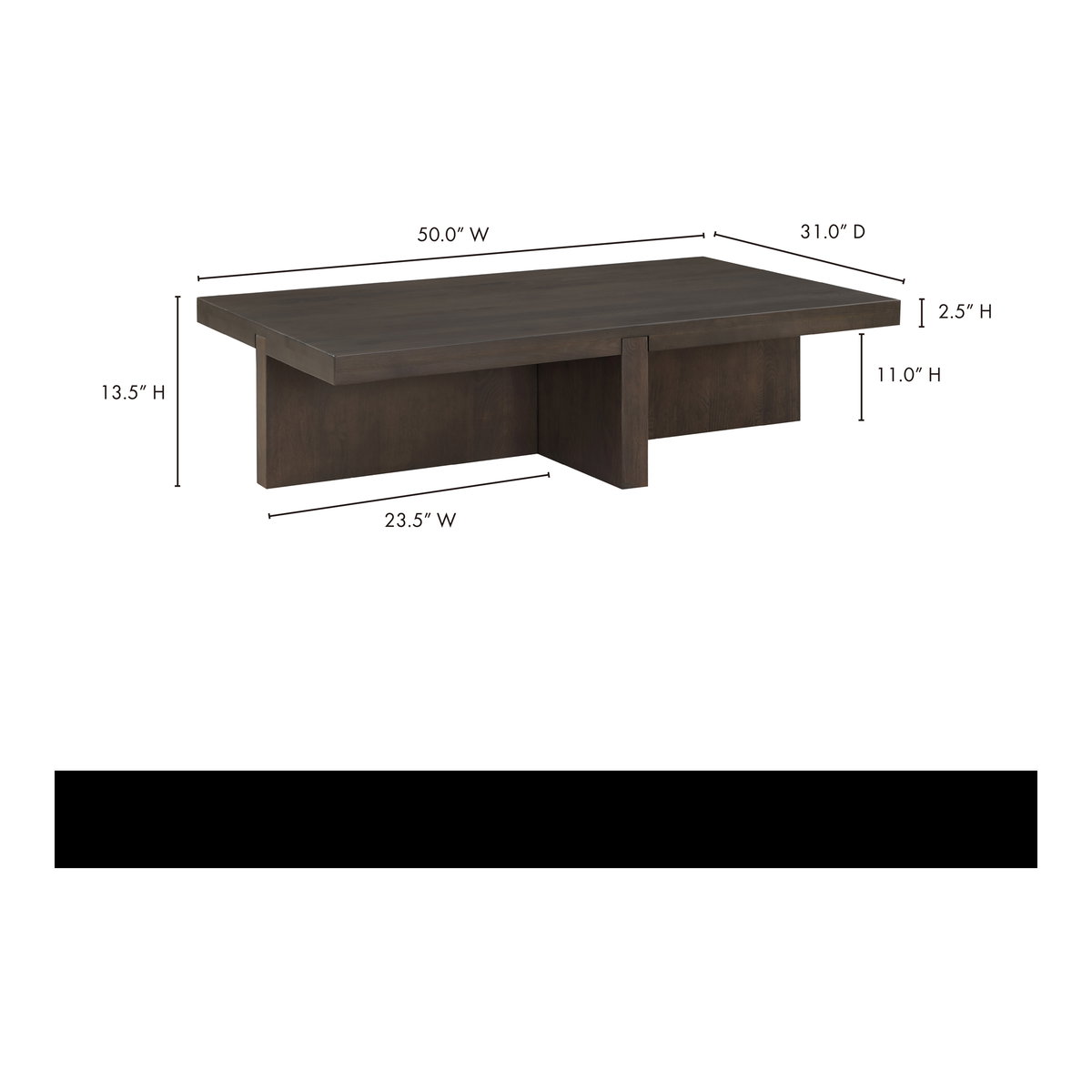 Folke Rectangular Coffee Table Dark Brown, by Moe's Home, 50" width x 13.5" height x 31" depth View 9