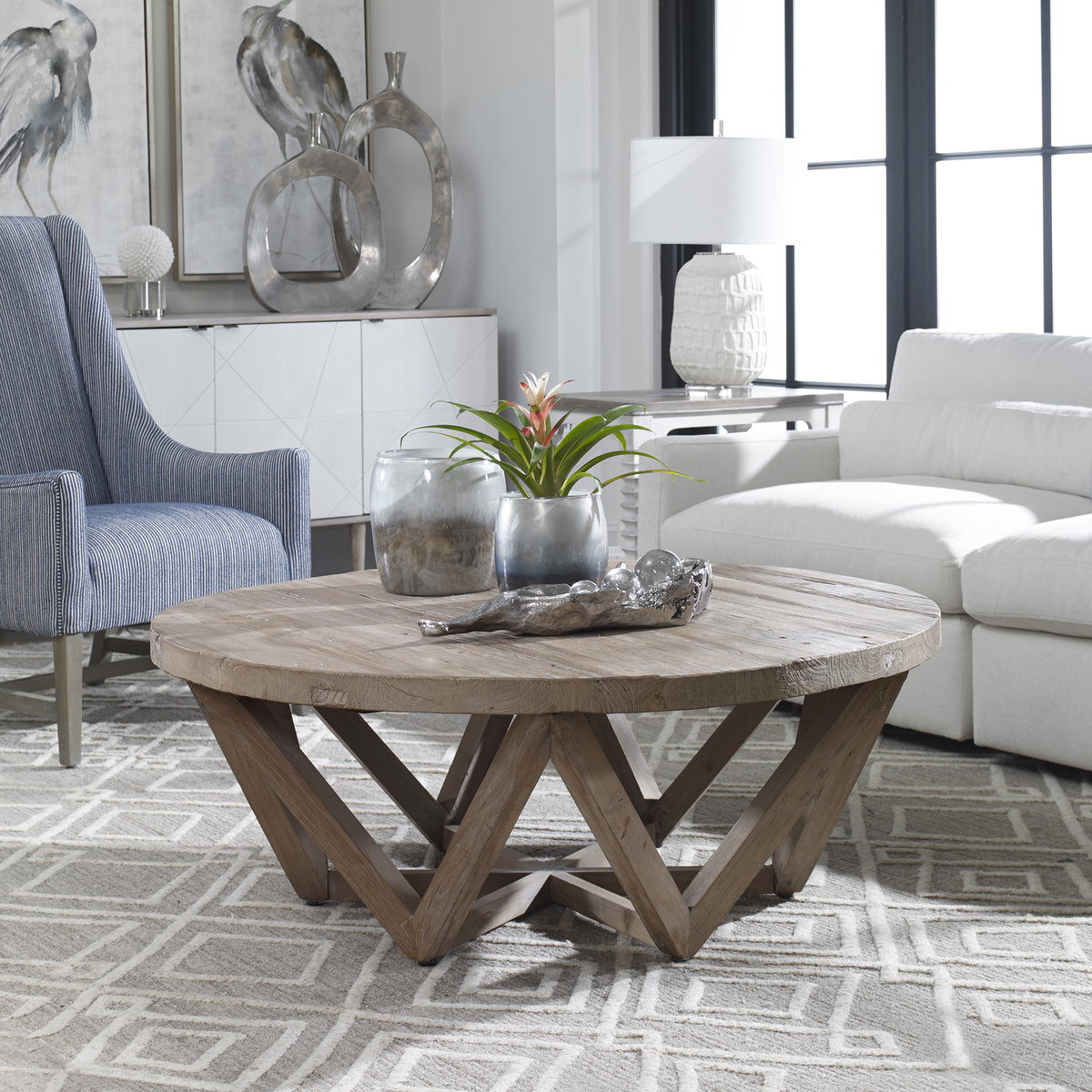 Kendry Reclaimed Wood Coffee Table, by Uttermost, 48" width x 17.5" height x 48" depth View 2