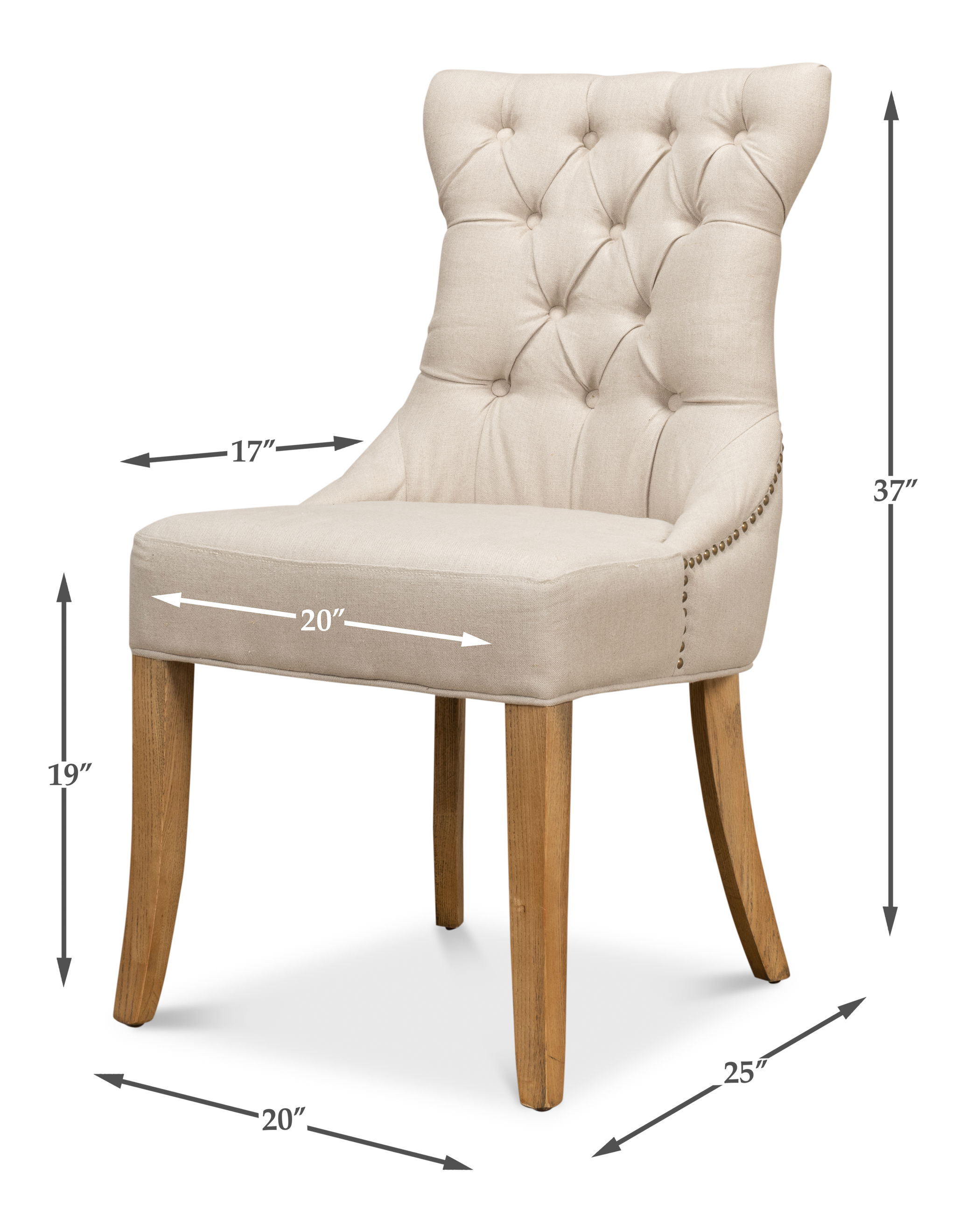 Sophie Side Chair, White Linen, Dining Chair by Sarreid, 20" length x 17" width x 38" height View 12
