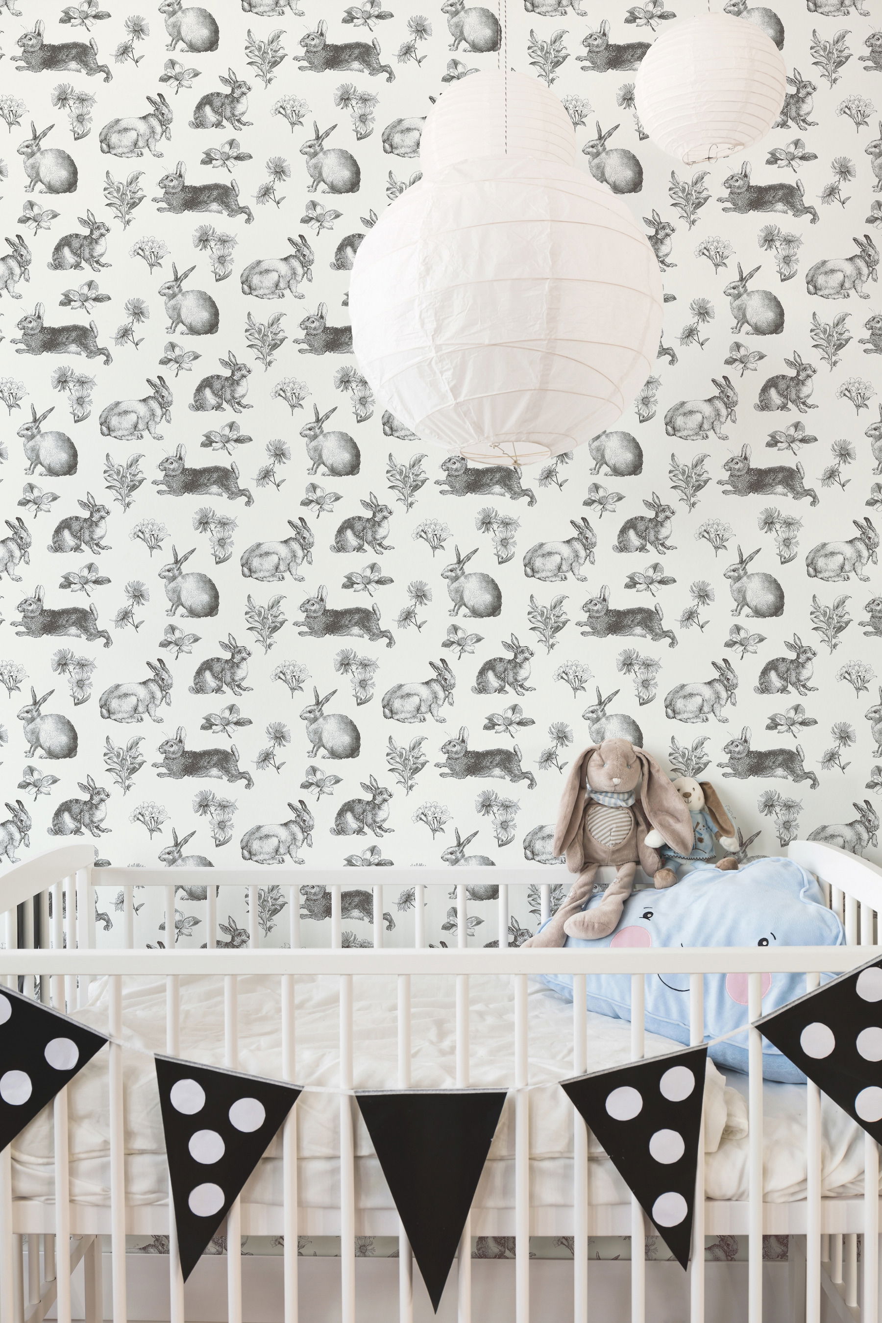 Bunny Toile Black & White Wallpaper large image 