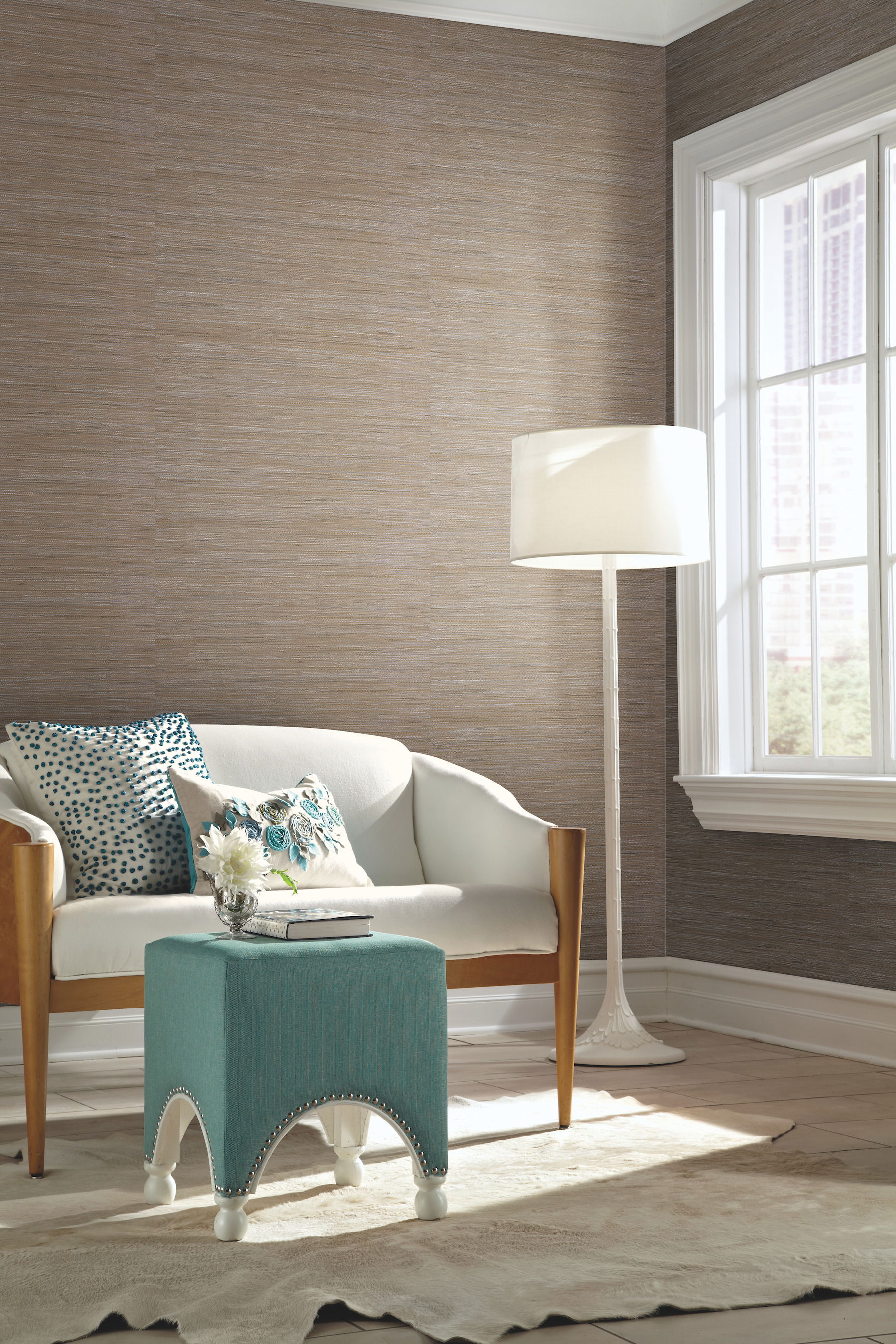 Lustrous Grasscloth Silver & Taupe Wallpaper, by York Wall, 33' length x 1'9" width x 0.02" depth View 3