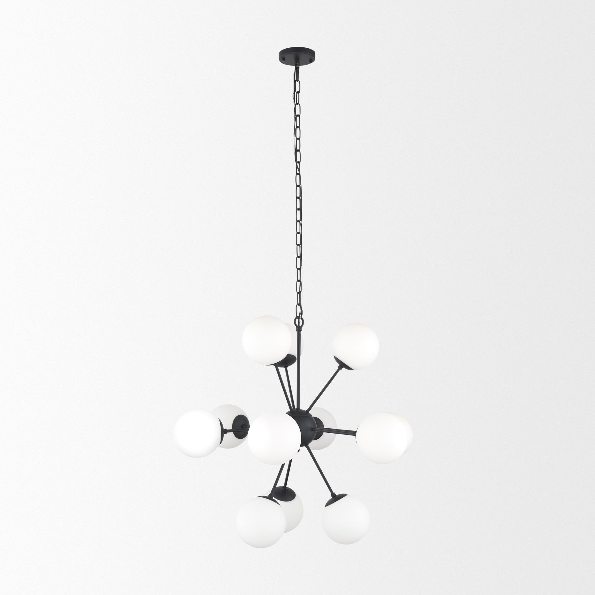 Barbara Matte Black Metal with Frosted Glass Globes 11-Light Chandelier, by Mercana, 31.5" length x 31.5" width x 31.5" height View 4