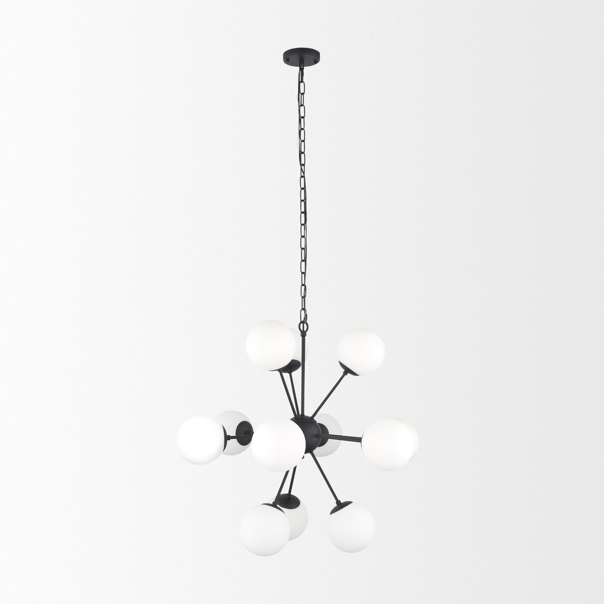 Barbara Matte Black Metal with Frosted Glass Globes 11-Light Chandelier, by Mercana, 31.5" length x 31.5" width x 31.5" height View 4