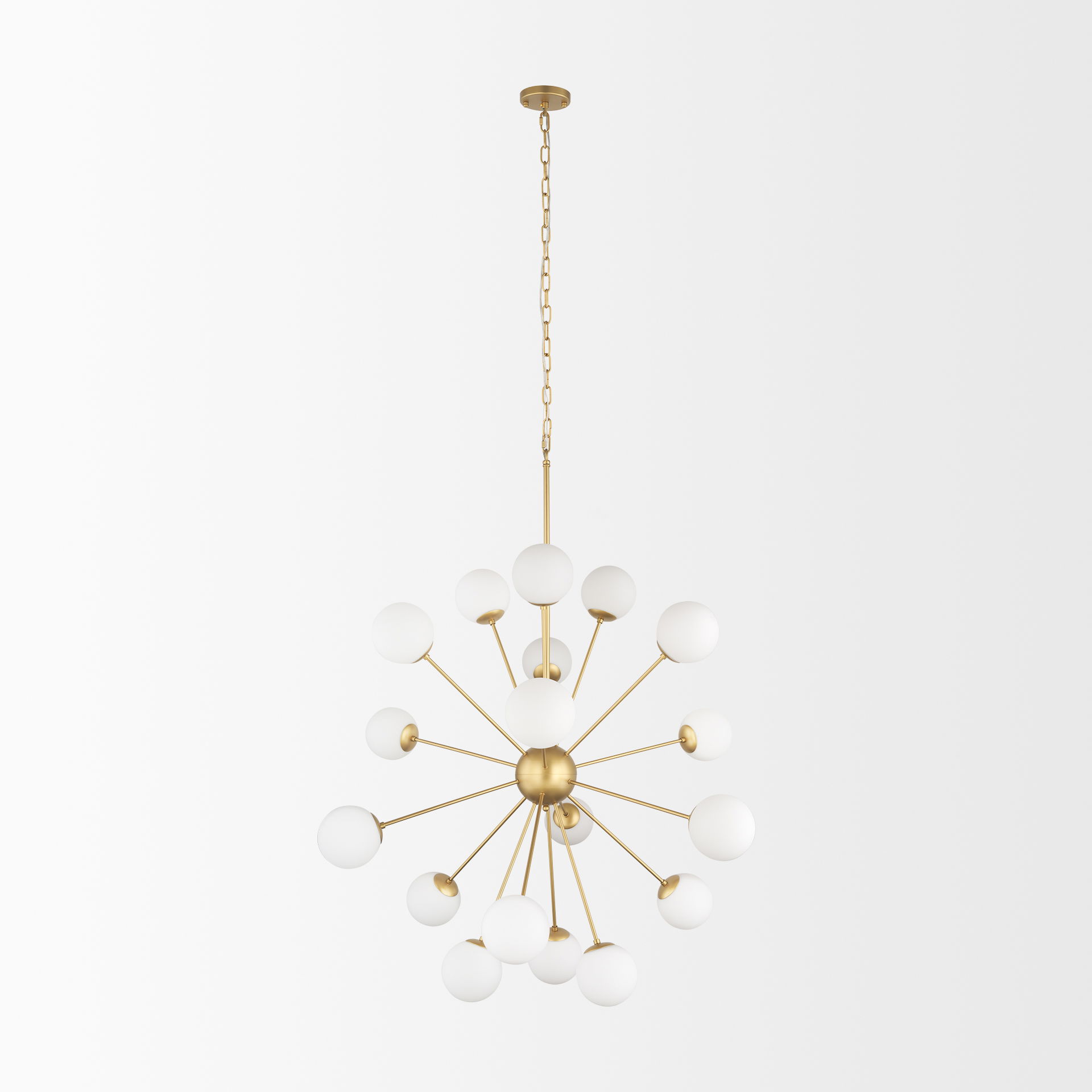 Barbara Brushed Gold Metal with Frosted Glass Globes  18-Light Chandelier, by Mercana, 48.82" length x 48.82" width x 48.82" height View 3