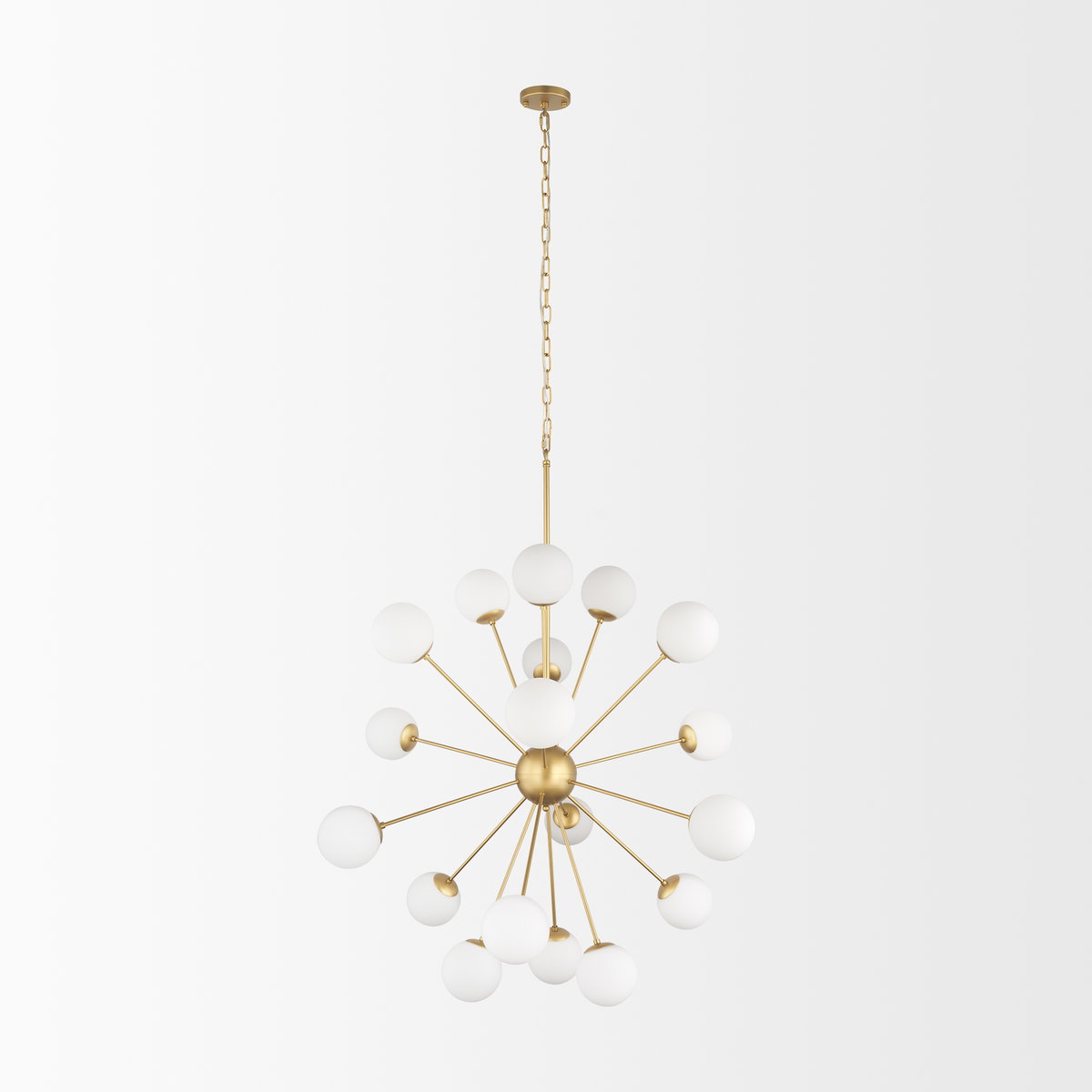 Barbara Brushed Gold Metal with Frosted Glass Globes  18-Light Chandelier, by Mercana, 48.82" length x 48.82" width x 48.82" height View 3