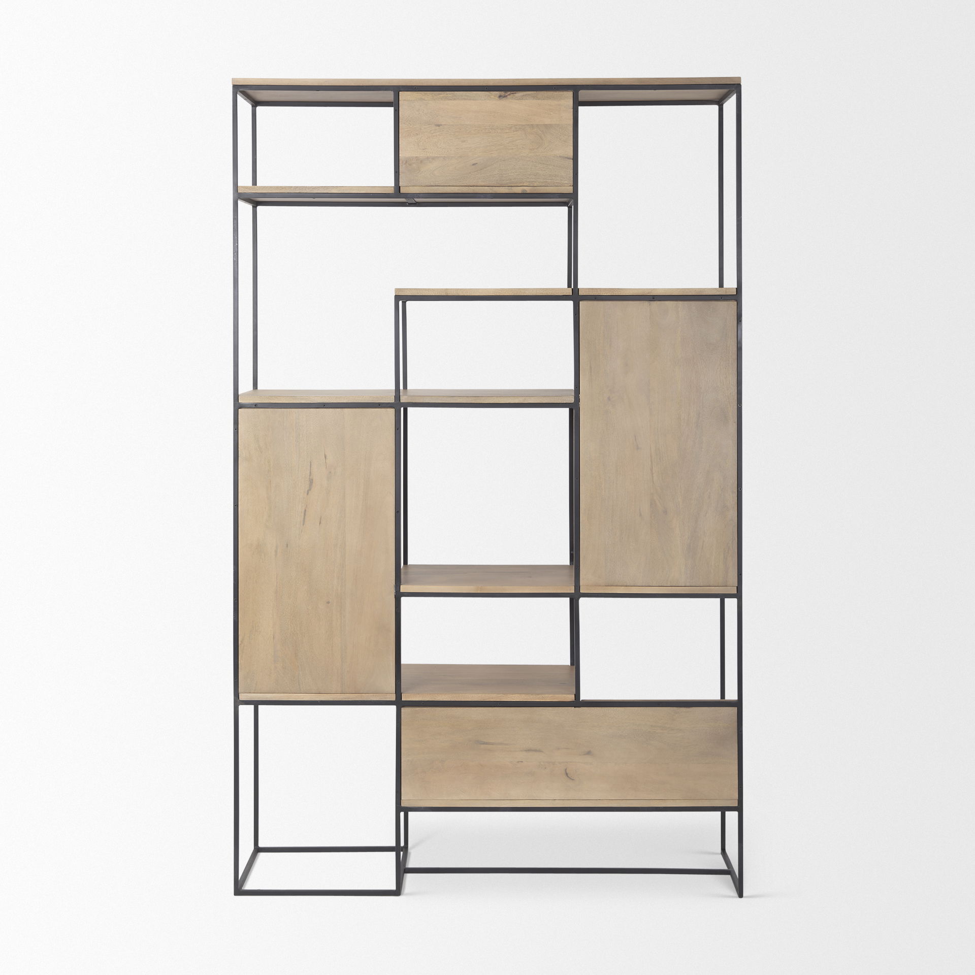 Morris 47.0L x 15.0W x 75.0H Light Brown Wood with Black Metal Frame 6-Tier Shelving Unit large image 