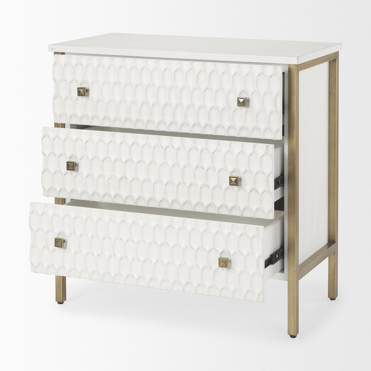 Savannah White Fir Veneer with Gold Metal 3-Drawer Accent Cabinet, Cabinets & Chest by Mercana, 31.89" length x 15.94" width x 31.5" height View 8