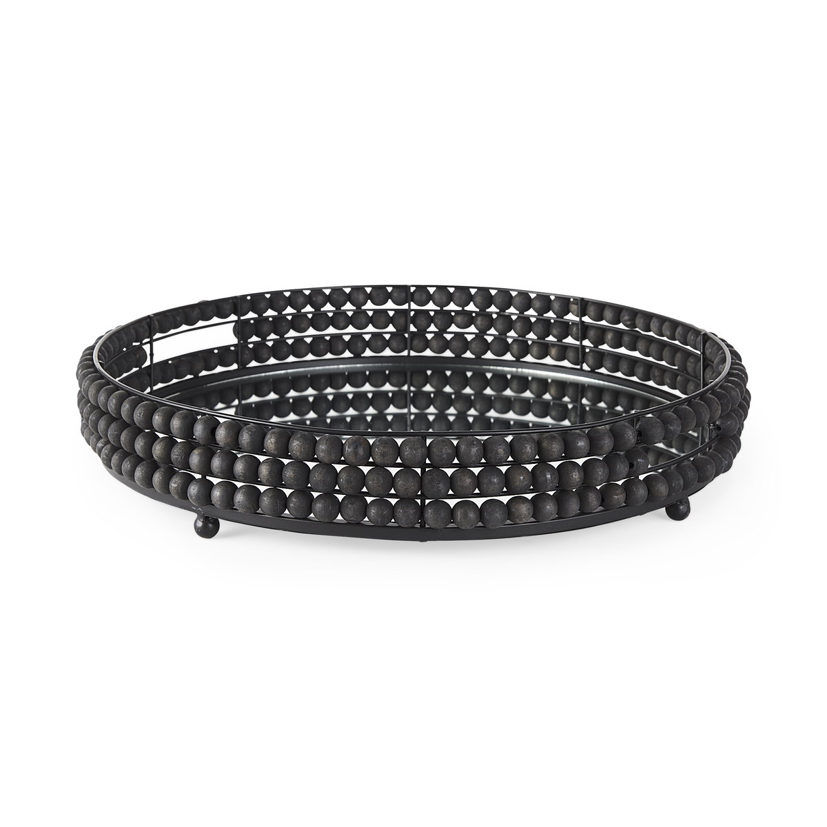 Decatur II 21L x 21W Black Wooden Bead Mirrored Bottom Round Tray, Decorative Tray by Mercana, 21.26" length x 21.26" width x 3.94" height View 1