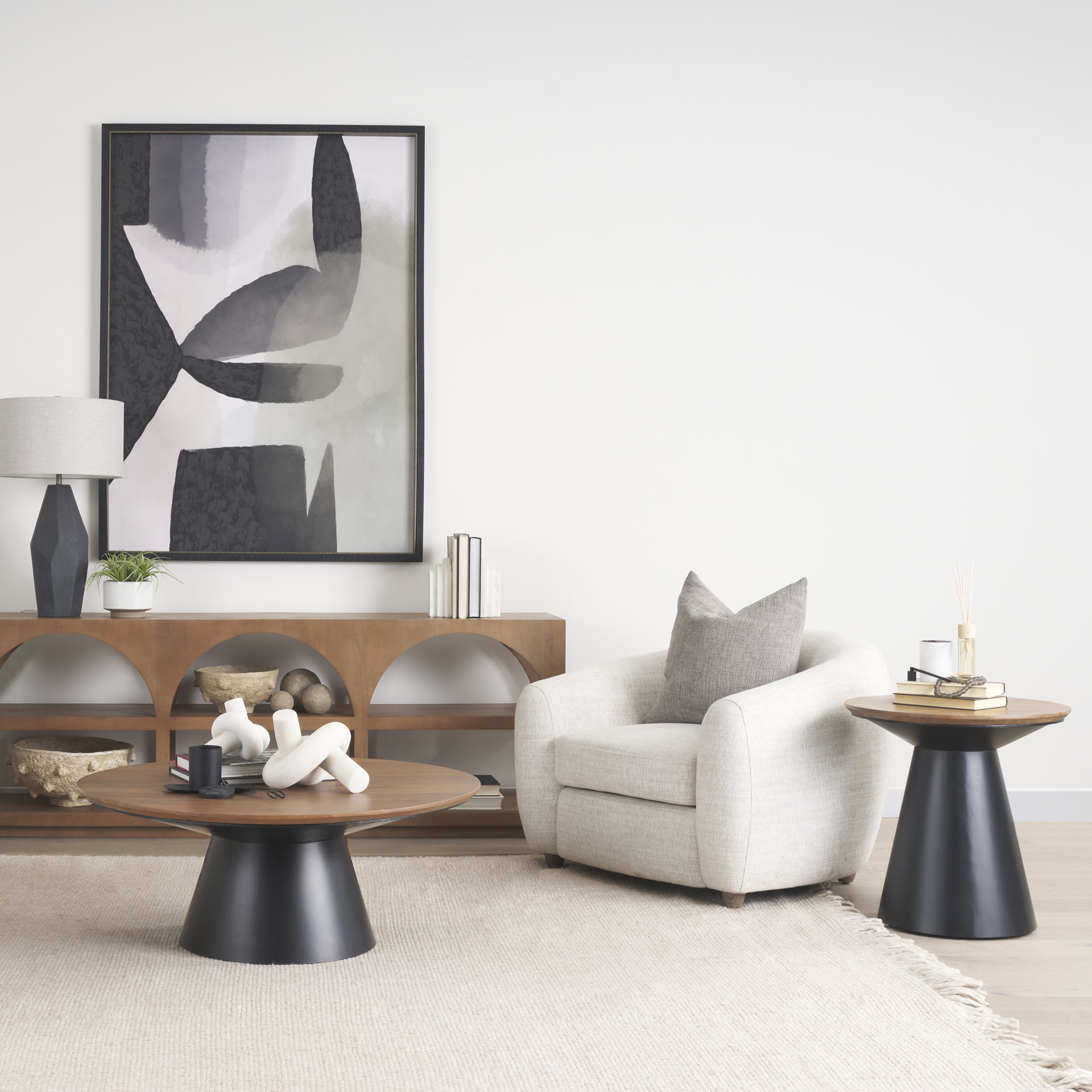 Mitchell 22.0L x 22.0W x 23.0H Black Metal Pedetal Base with Brown Wood Top Side Table large image 