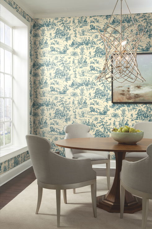 Seasons Toile Blue & Tan Wallpaper