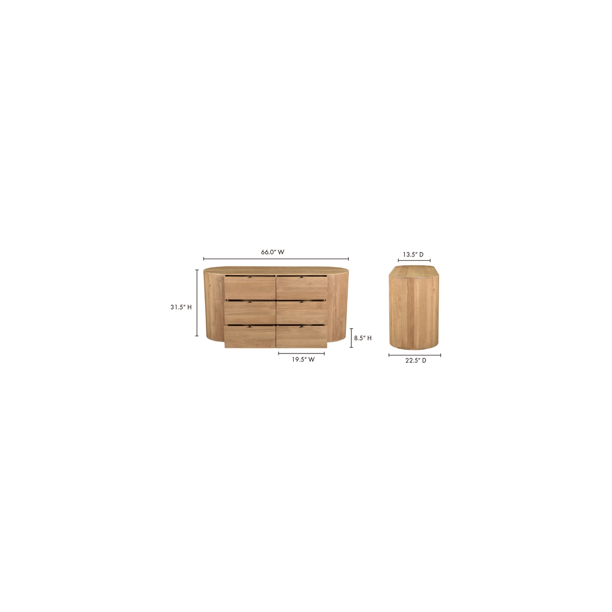 Theo 6 Drawer Dresser Natural, by Moe's Home, 66" width x 31.5" height x 22.5" depth View 10