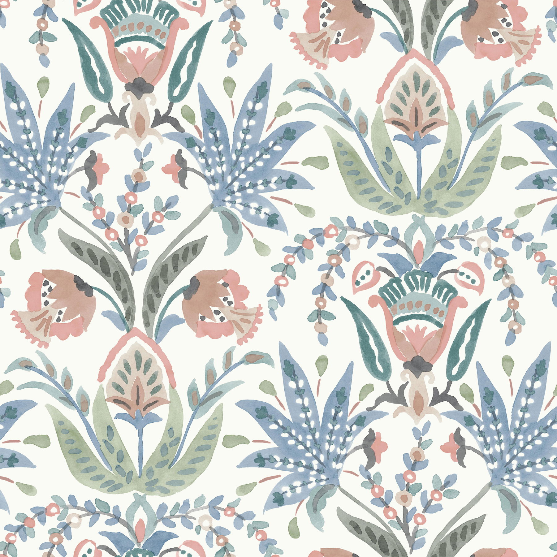 Seaside Jacobean Pink & Blue Wallpaper large image 