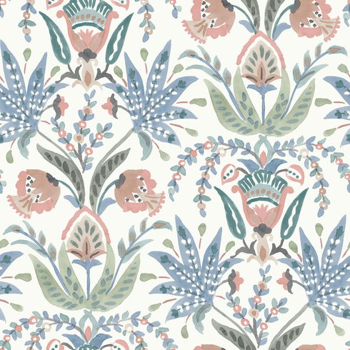 Seaside Jacobean Pink & Blue Wallpaper