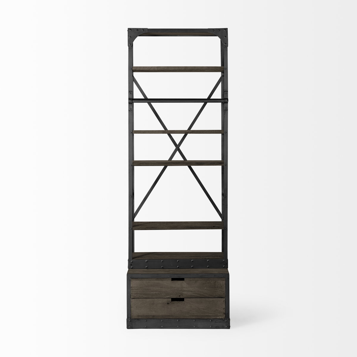 Brodie VII 32L x 22W x 94H Brown Wood Gun-Metal Bracing Four Shelf Shelving Unit, Shelving & Bookcase by Mercana, 31.5" length x 21.5" width x 94" height View 5