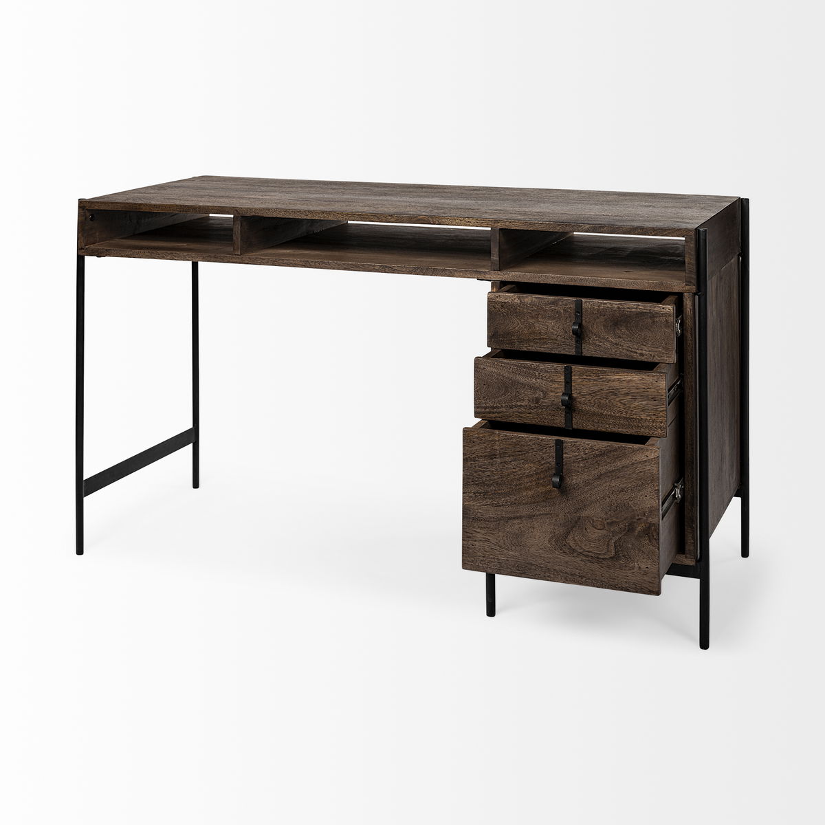 Glenn VII 56L x 22W Dark Brown Wood with Black Iron Frame, 3 Drawer Office Desk, by Mercana, 55.5" length x 22" width x 31" height View 8