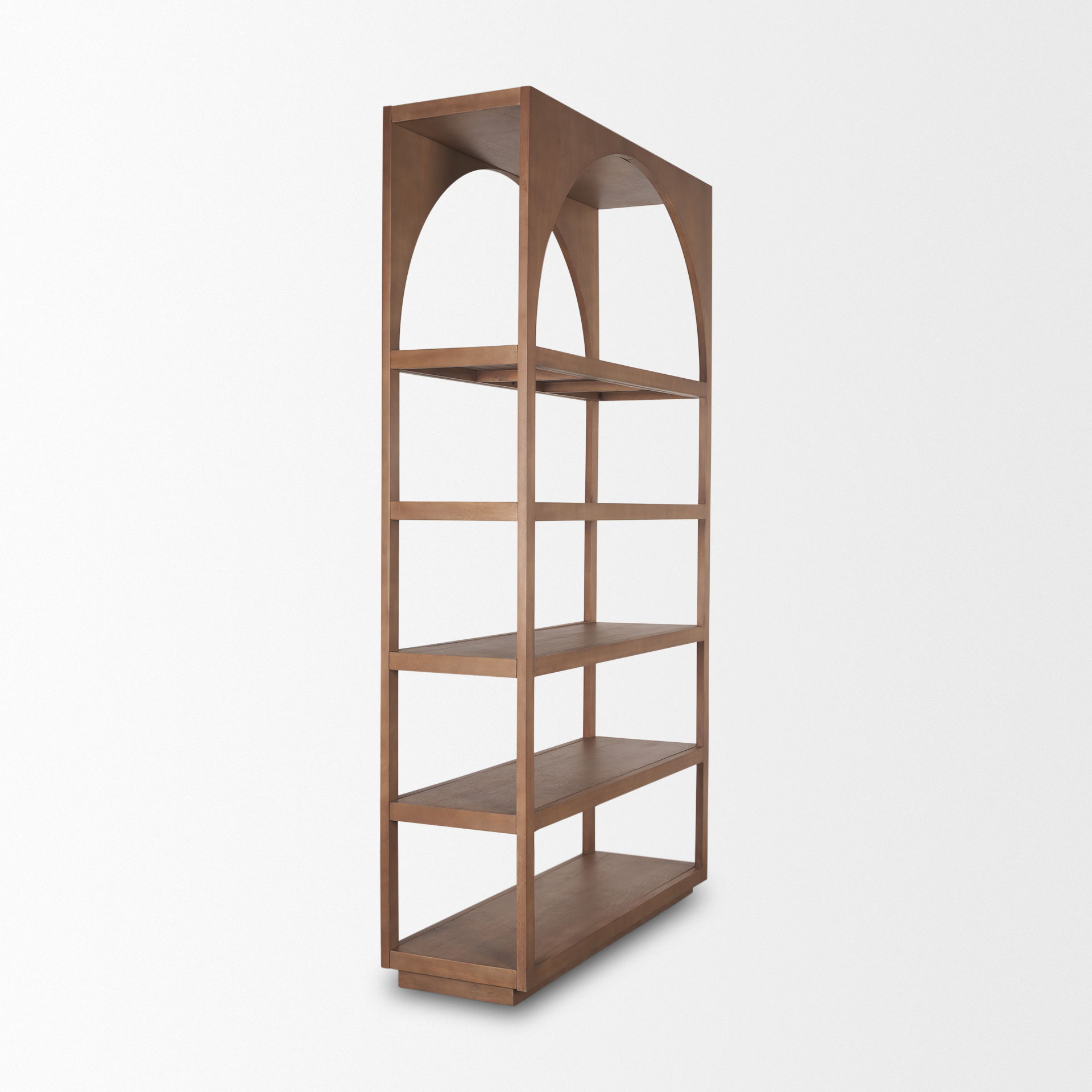 Bela Arched Shelving Unit Medium Brown Wood, Shelving & Bookcase by Mercana, 47" length x 16" width x 85" height View 7
