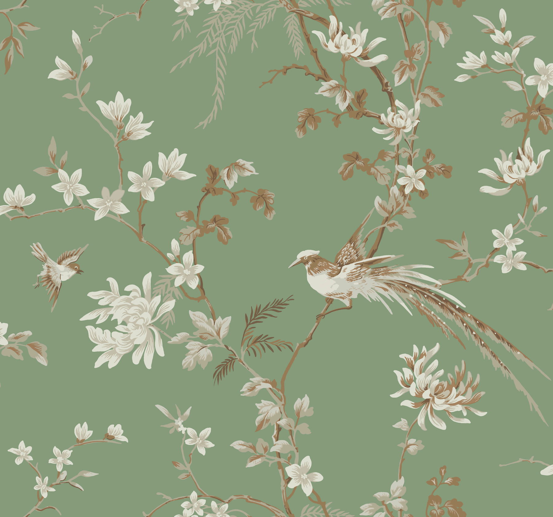 Bird & Blossom Chinoserie Green Wallpaper large image 