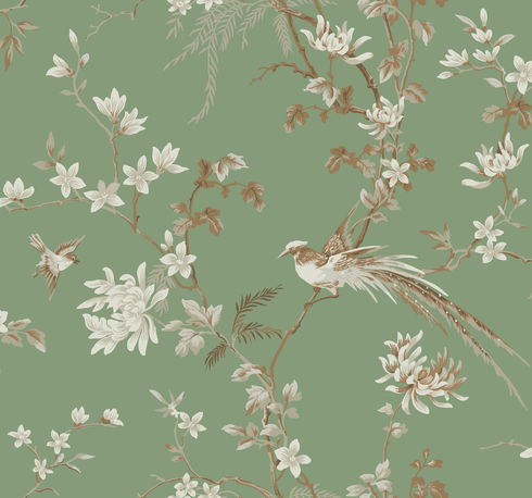 Bird & Blossom Chinoserie Green Wallpaper